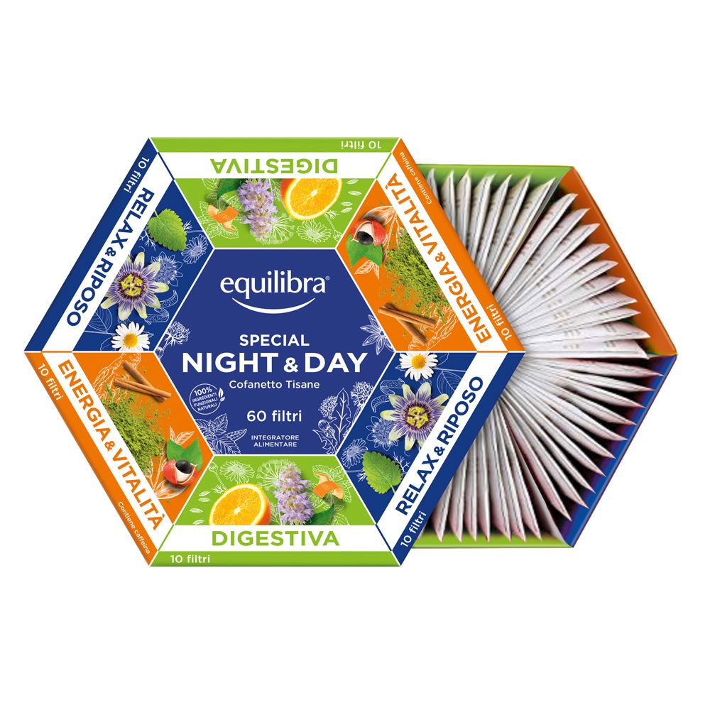 Scatola esagonale di tisane Equilibra Night & Day, 60 filtri. Aperta, bustine di tè visibili.