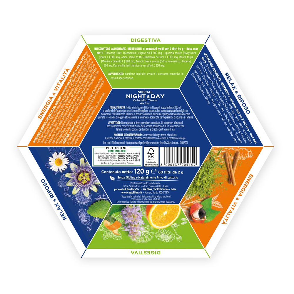 Retro della scatola di tisane Equilibra Night & Day. Ingredienti, peso 120g, 60 filtri. Logo FSC.