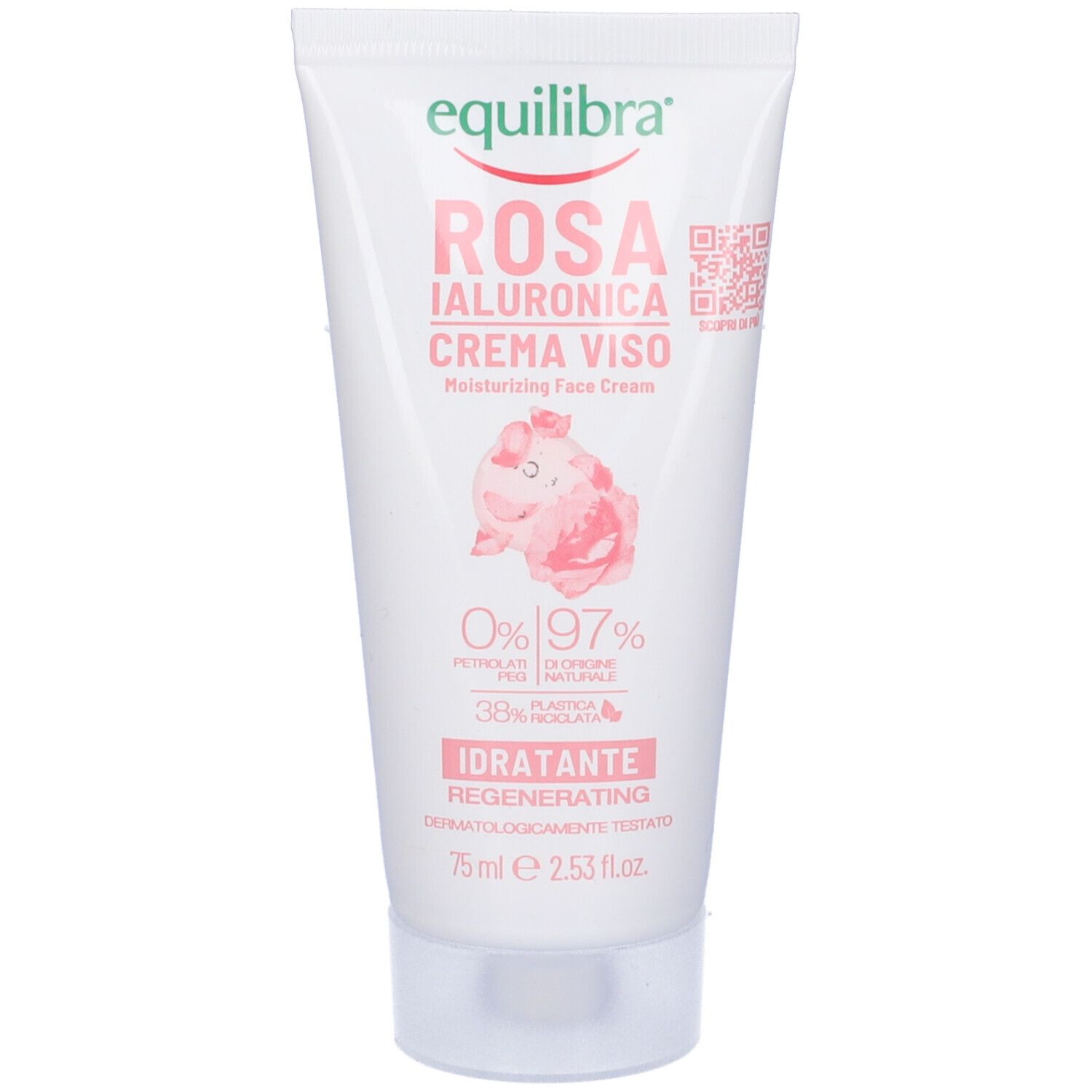 Tubo bianco con stampa rosa. Contiene testo: Equilibra Rosa Ialuronica Crema Viso. 0% parabeni, 97% ingredienti naturali.