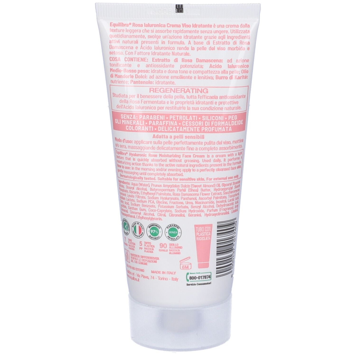 Retro del tubo bianco. Contiene testo e loghi. Testo: Equilibra Rosa Ialuronica Crema Viso. Adatto a pelli sensibili.