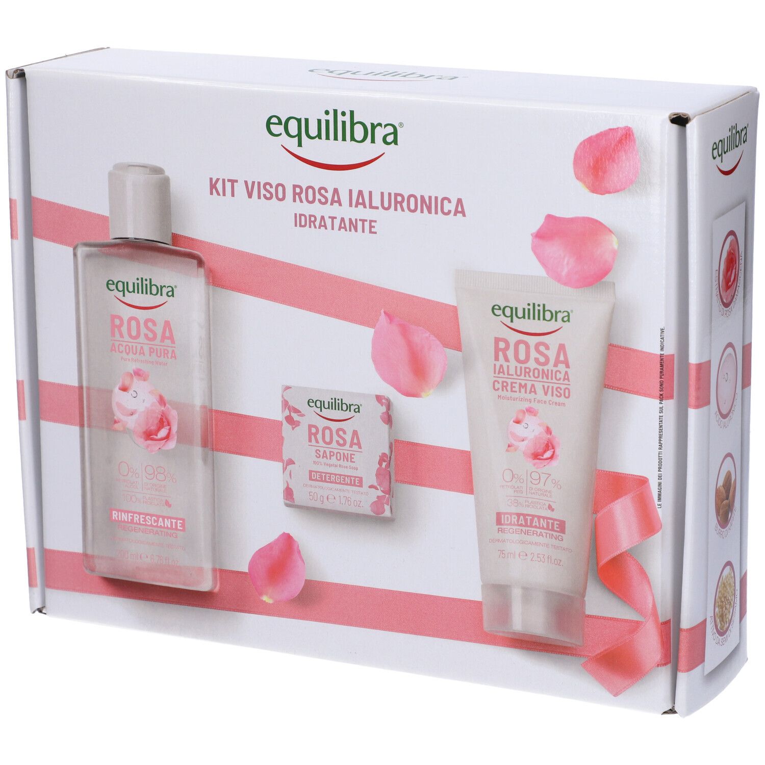 Kit Equilibra con lozione, sapone e crema. Petali di rosa decorano la confezione.