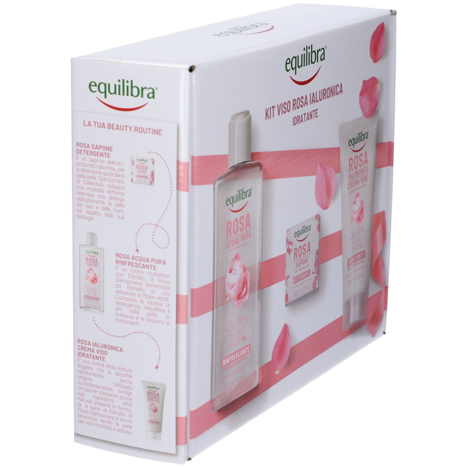 Confezione del kit Equilibra. Prodotti illustrati sul lato. Accenti rosa.