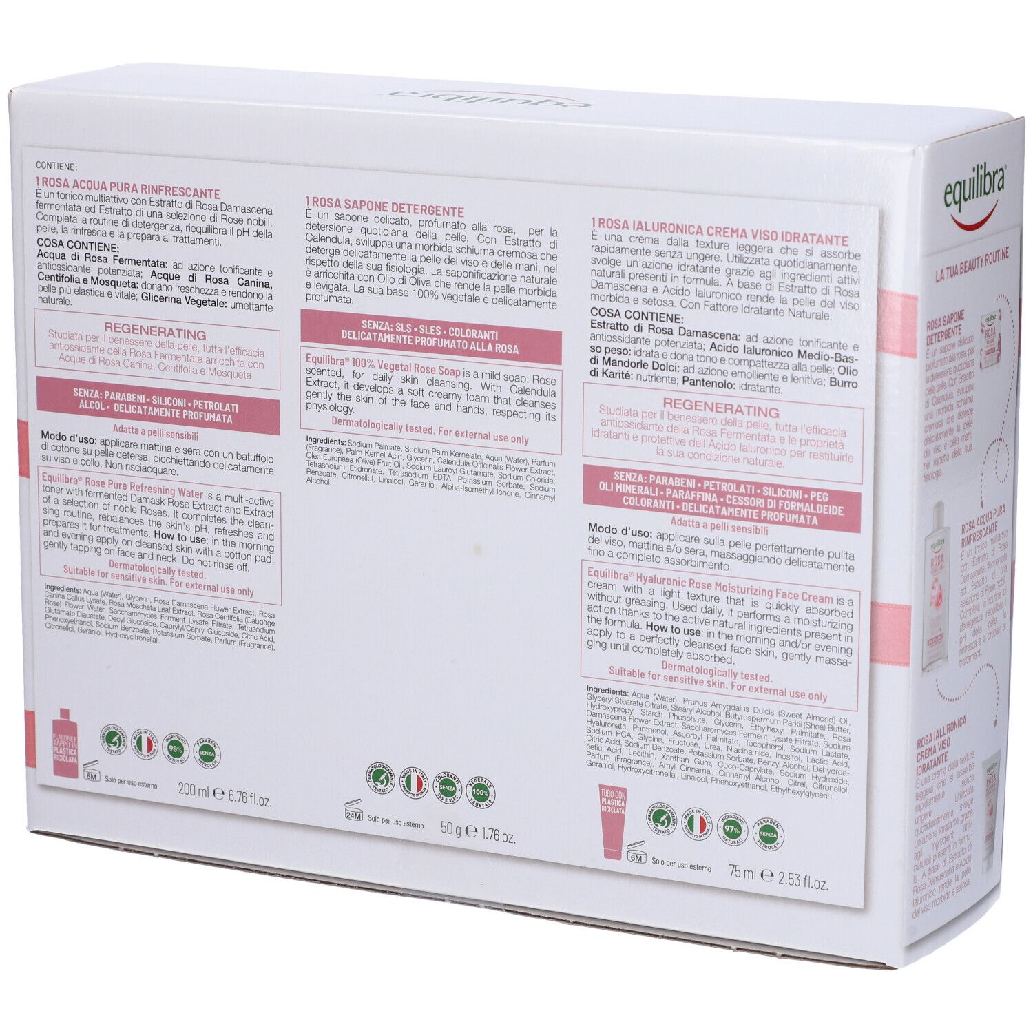 Retro della confezione con informazioni sul prodotto. Testo in italiano. Colori rosa e bianco.
