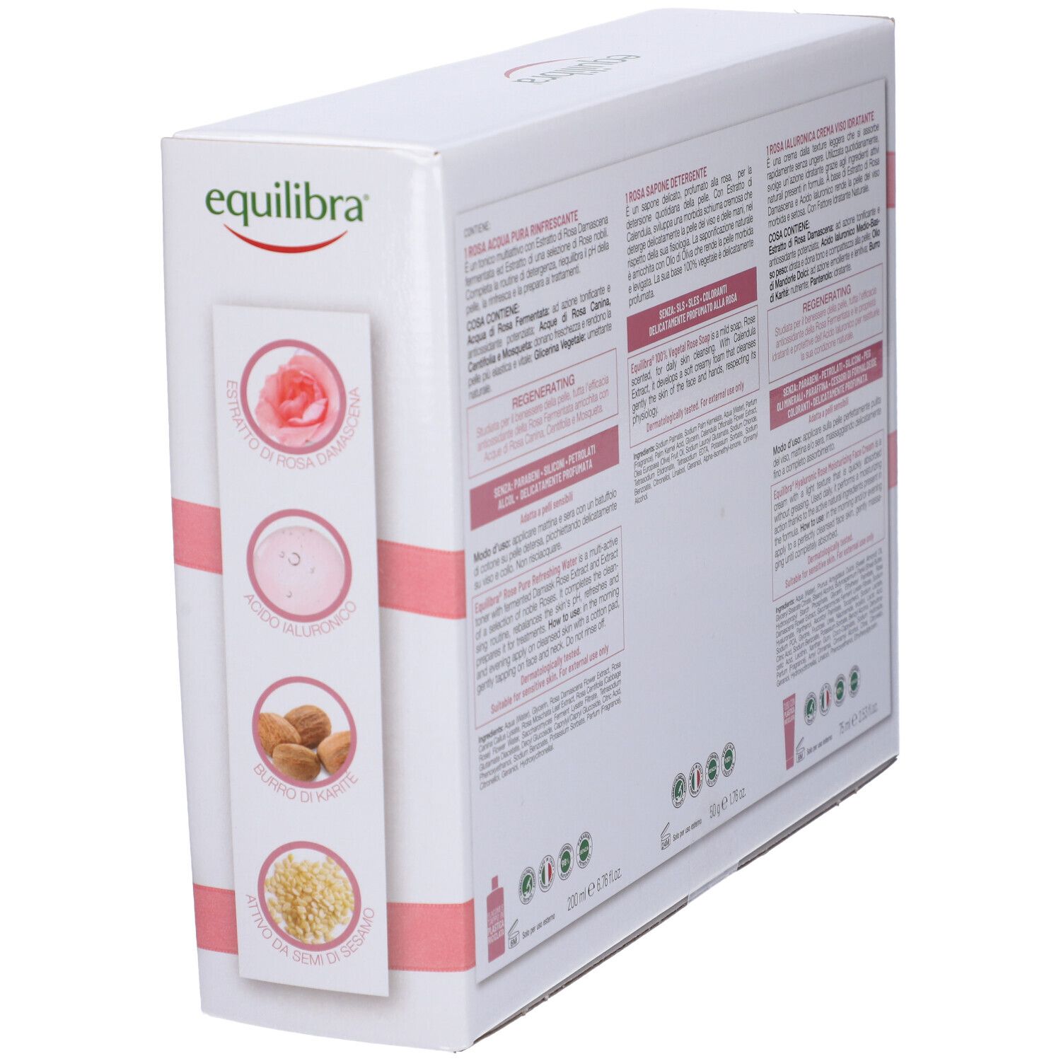 Confezione con illustrazioni e testo. Colori rosa e bianco. Testo in italiano.