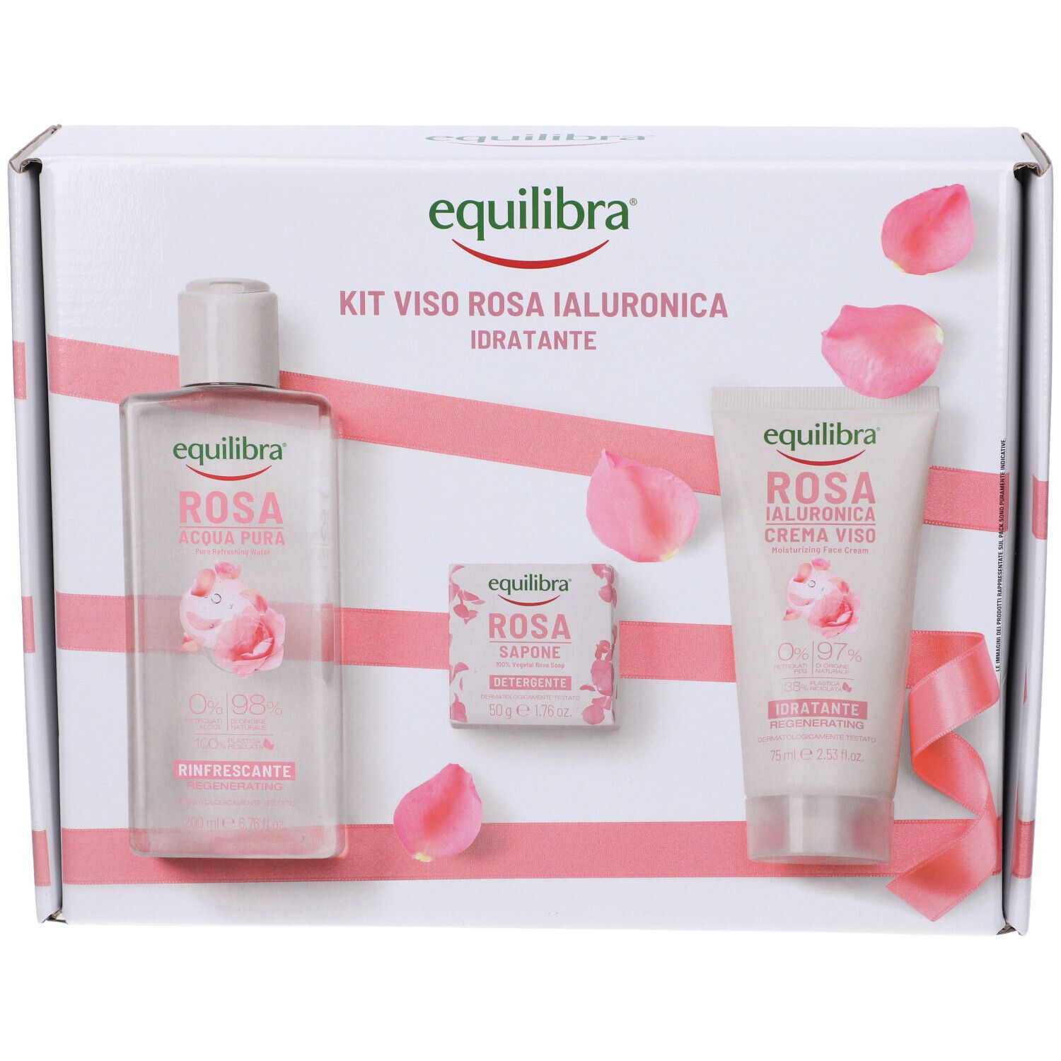 Kit regalo con lozione, sapone e crema. Petali di rosa decorano la confezione.