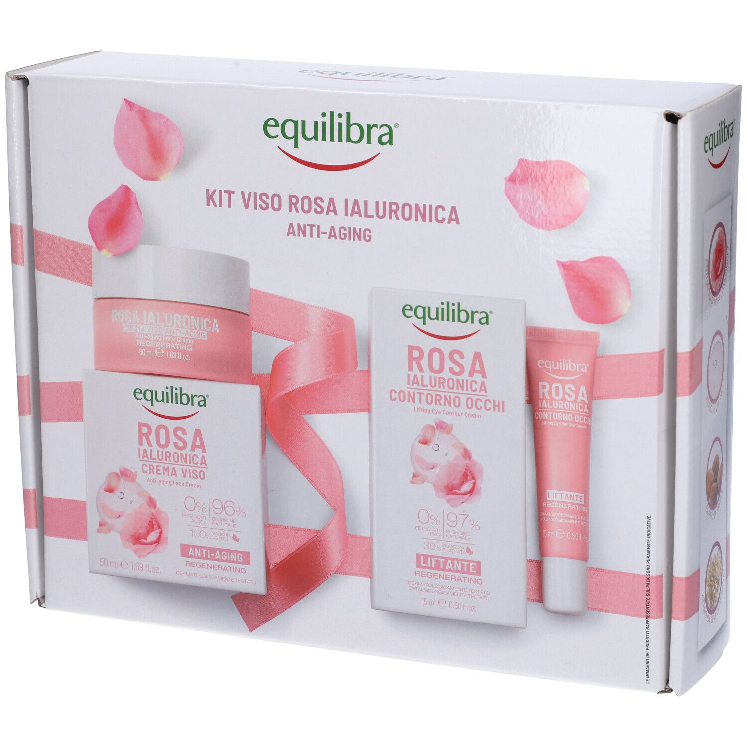 Confezione regalo Equilibra rosa. Contiene crema viso, contorno occhi e altri prodotti. Scatola bianca.