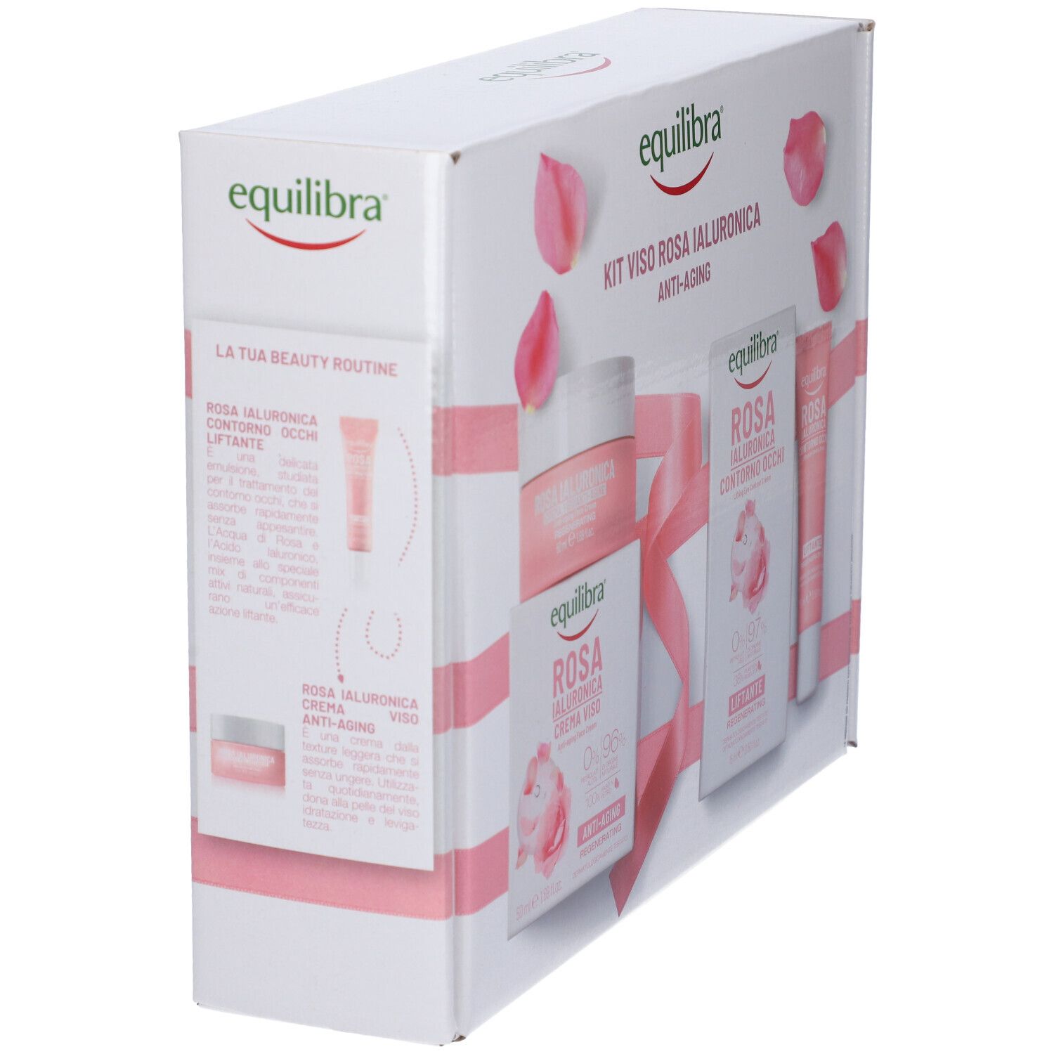 Vista laterale della confezione regalo. Contiene prodotti per la cura del viso. Marchio: Equilibra.