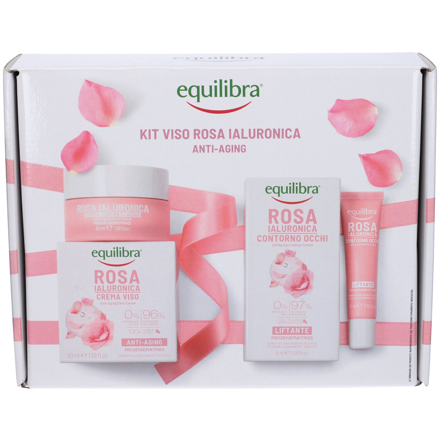 Confezione regalo Equilibra rosa. Contiene crema viso, contorno occhi e altri prodotti. Scatola bianca.
