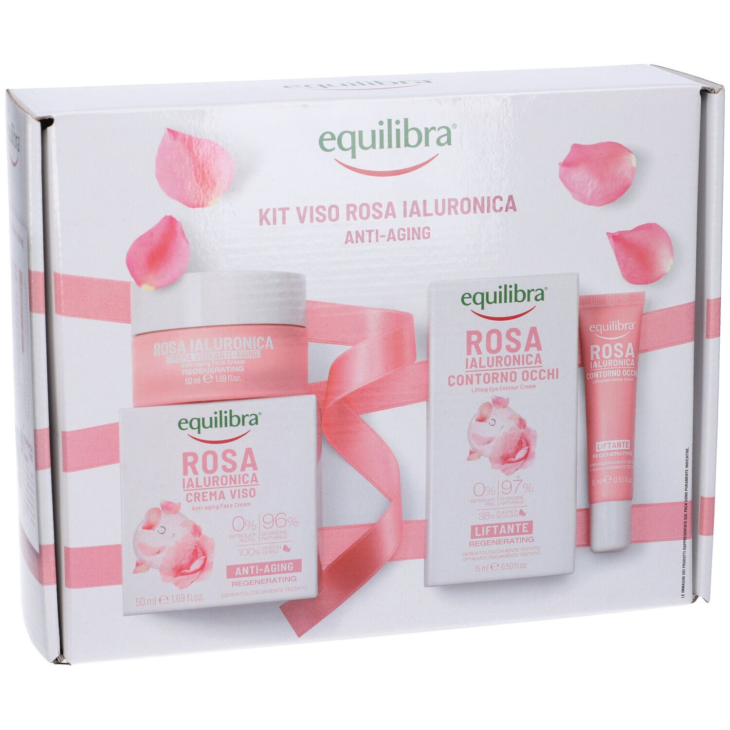 Confezione regalo Equilibra rosa. Contiene crema viso, contorno occhi e altri prodotti. Scatola bianca.