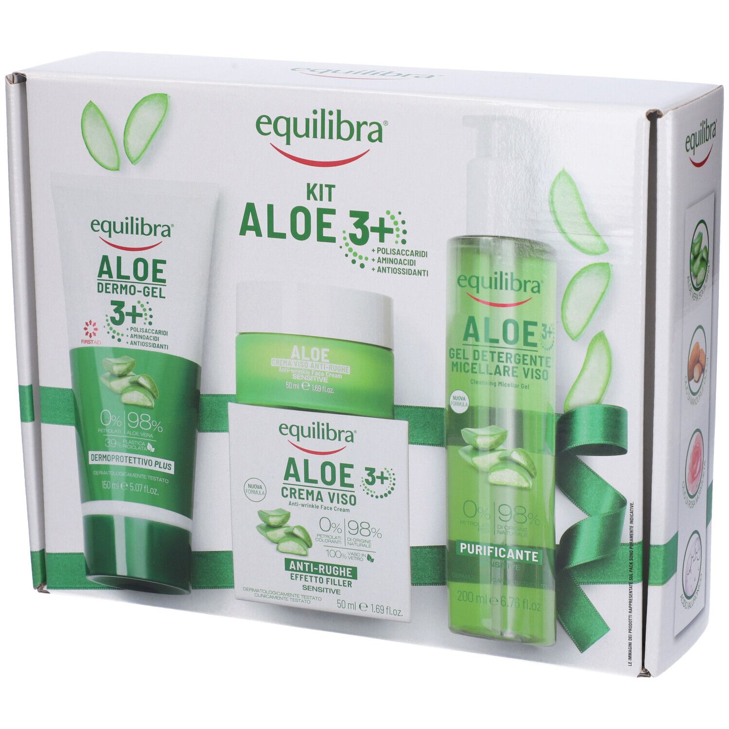 Kit di prodotti all'aloe vera in scatola bianca. Contiene Dermo-Gel, crema e gel detergente. Marchio: Equilibra.