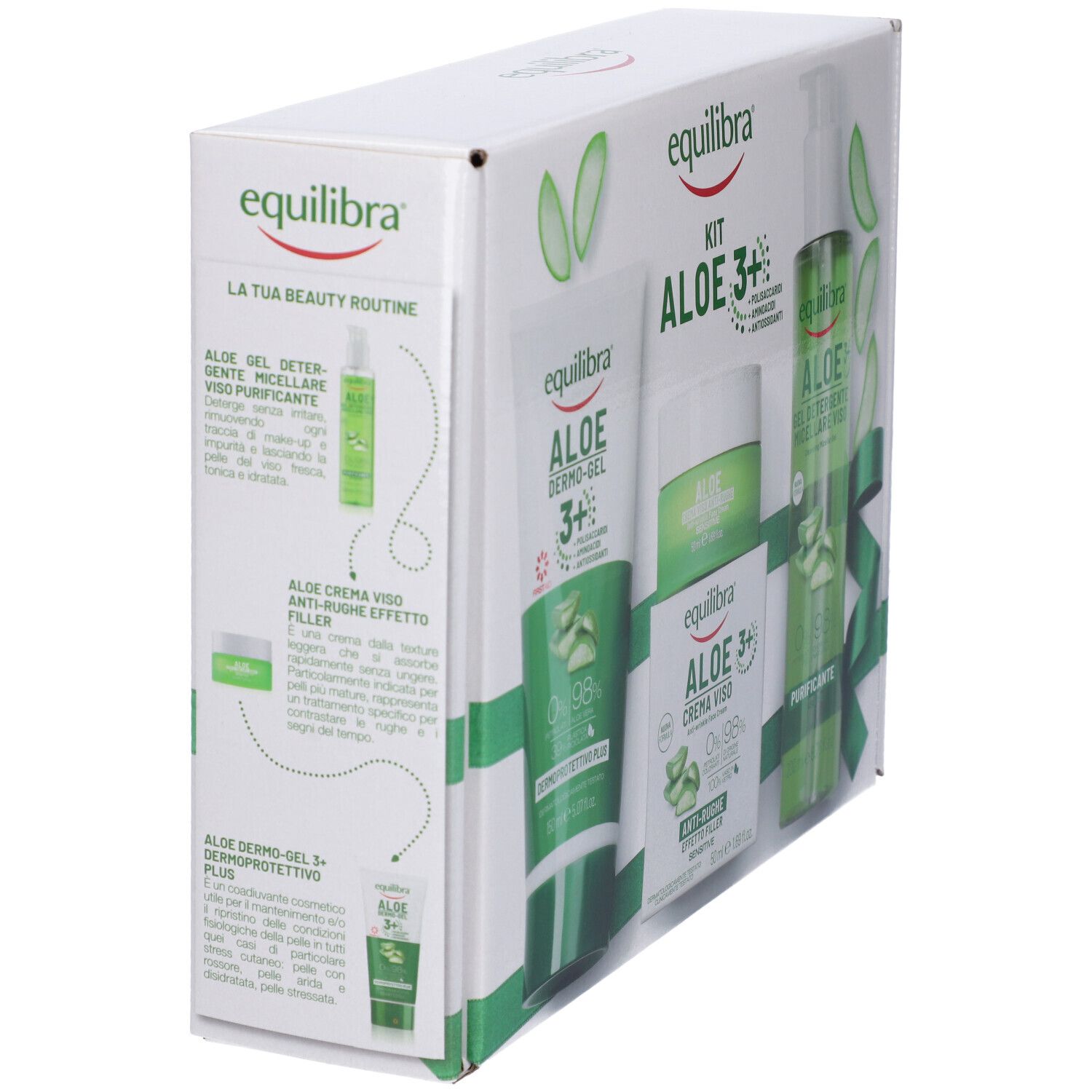 Scatola bianca con prodotti all'aloe vera. Contiene Dermo-Gel, crema e gel detergente. Marchio: Equilibra. Testo: La tua beauty routine.