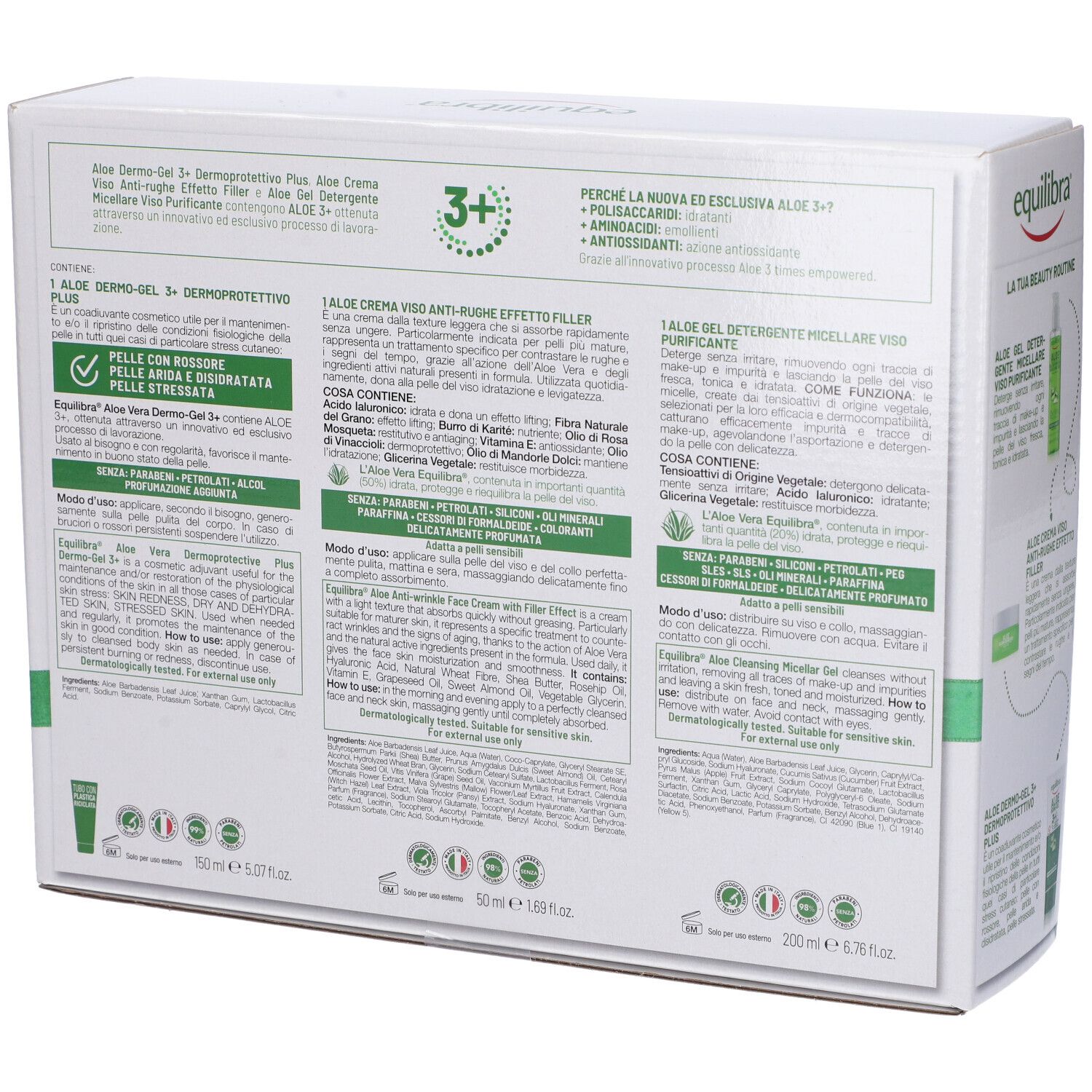 Retro della scatola bianca con prodotti all'aloe vera. Testo in italiano. Contiene informazioni sui prodotti.