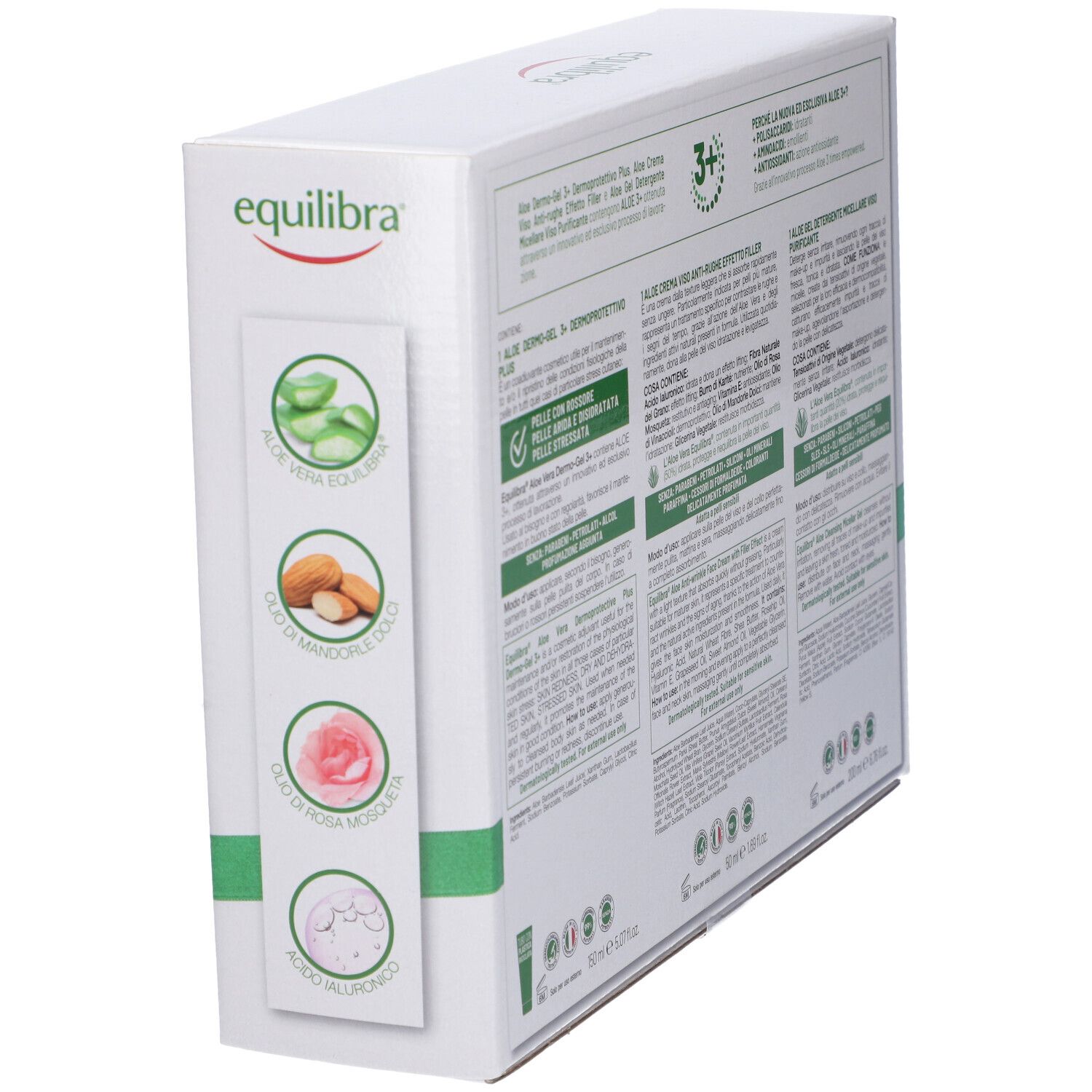 Lato della scatola bianca con prodotti all'aloe vera. Contiene loghi e informazioni sui prodotti. Marchio: Equilibra.