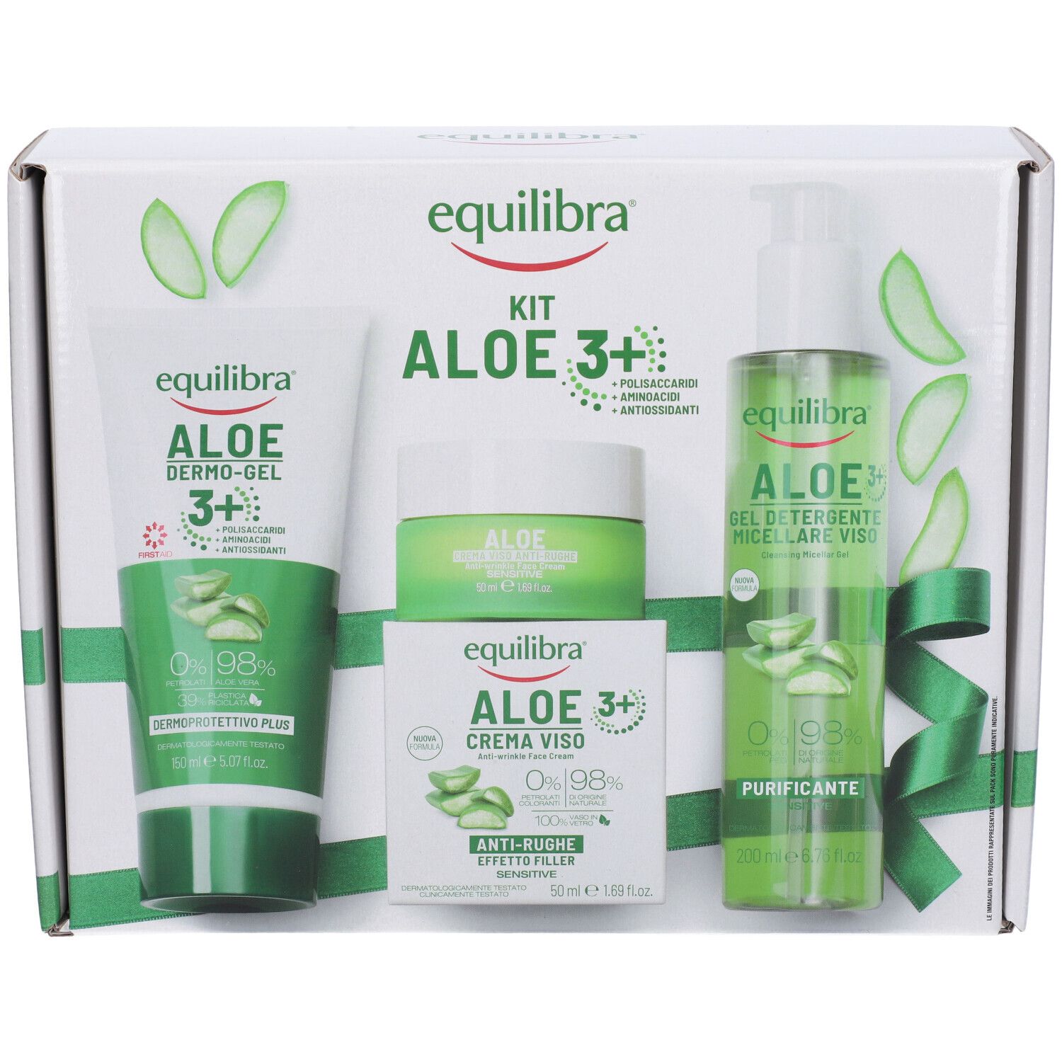 Kit di prodotti all'aloe vera in scatola bianca. Contiene Dermo-Gel, crema e gel detergente. Marchio: Equilibra.