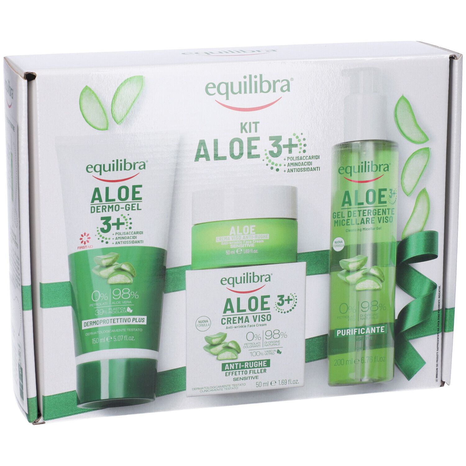 Kit di prodotti all'aloe vera in scatola bianca. Contiene Dermo-Gel, crema e gel detergente. Marchio: Equilibra.