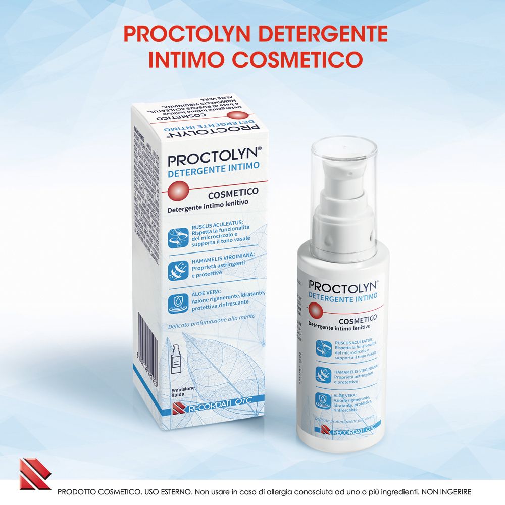 Proctolyn Intimo Kosmetico: Flasche mit Pumpspender und Faltschachtel. Weiße Verpackung mit blauen Akzenten und Text.