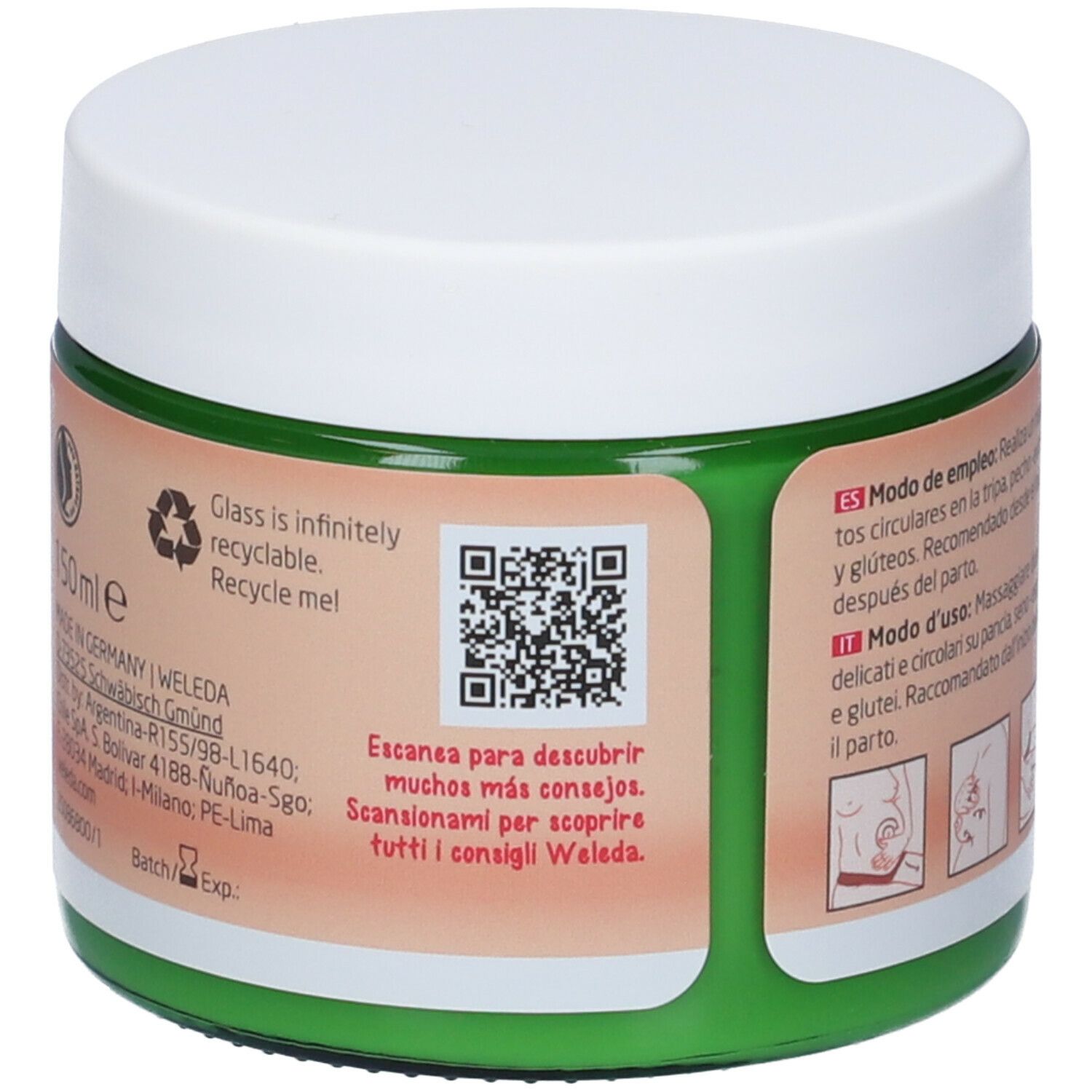 Vaso di crema con bordo verde e coperchio bianco. Scritta: WELEDA. Codice QR e testo: Scansiona per più consigli.
