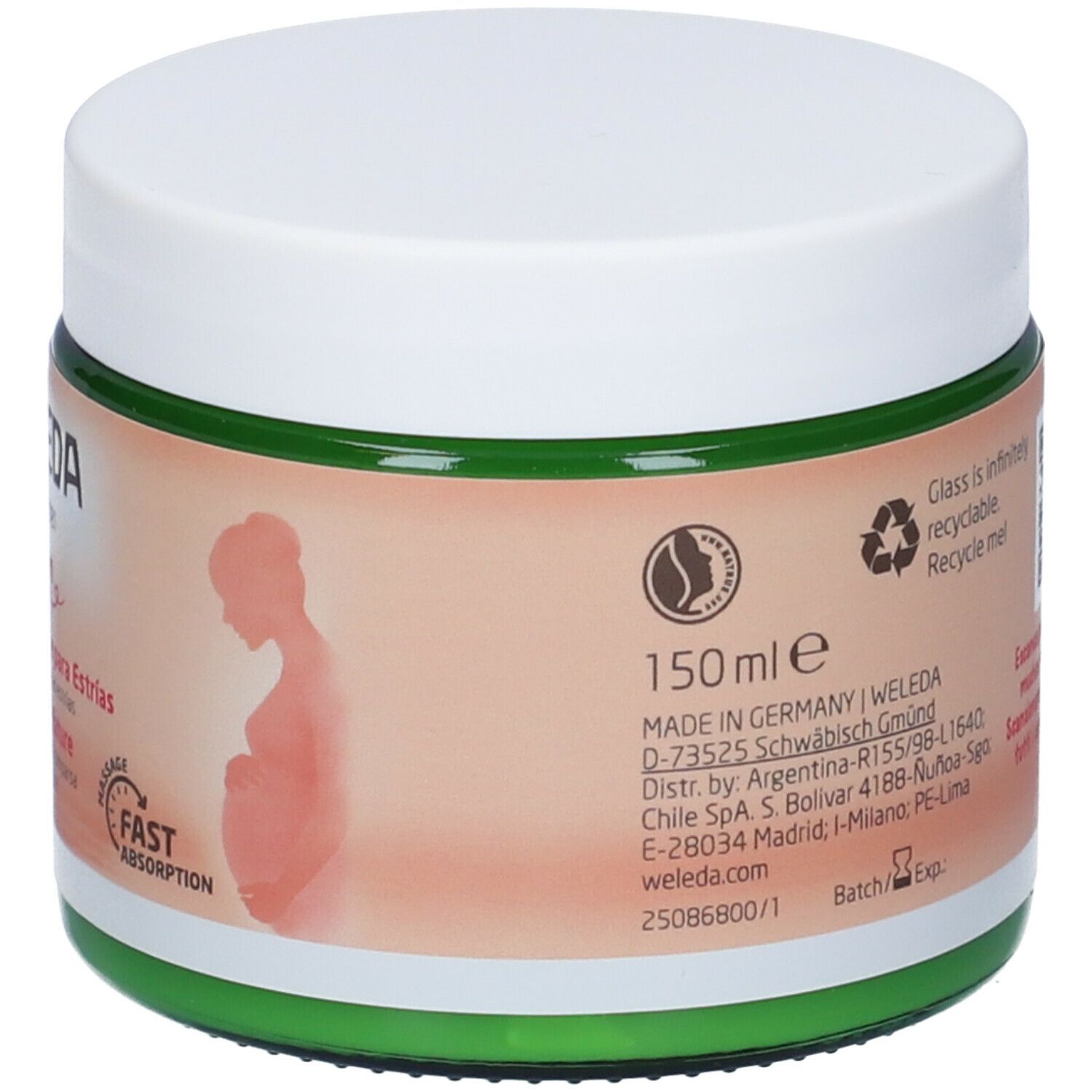Vaso di crema con bordo verde e coperchio bianco. Scritta: WELEDA. Volume: 150 ml. Illustrazione di una donna incinta.