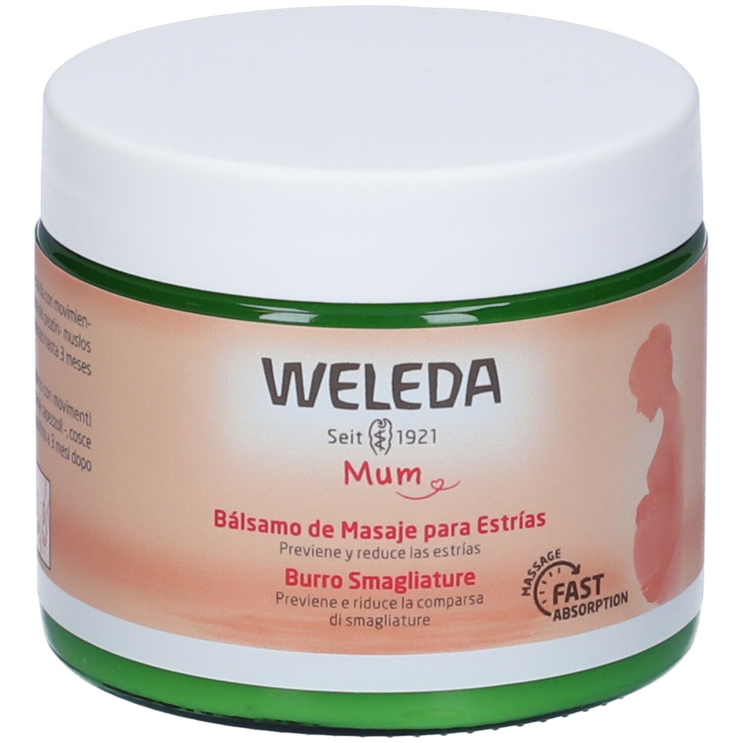 Vaso di crema con bordo verde e coperchio bianco. Scritta: WELEDA Mum. Nome prodotto: Burro Smagliature. Testo: Previeni e riduce le smagliature.