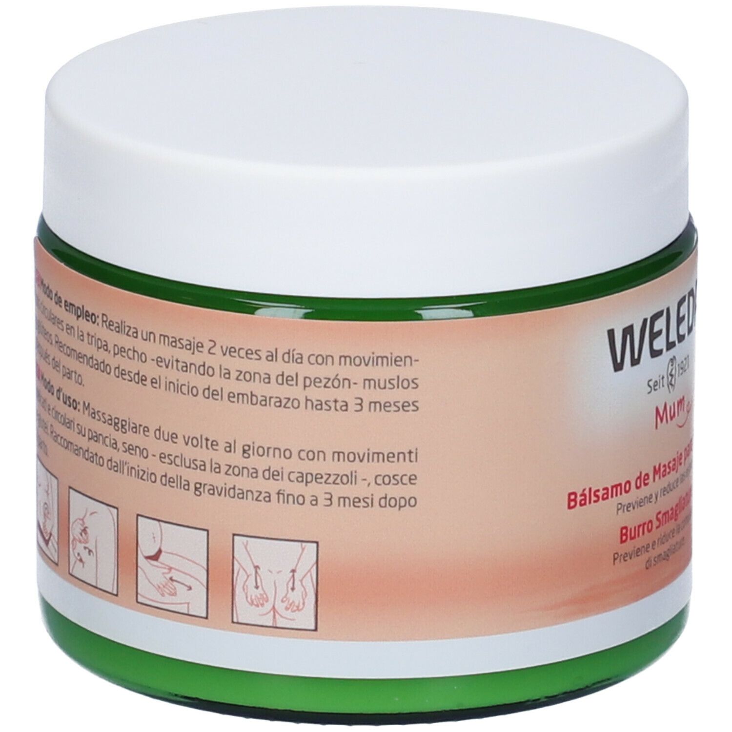 Vaso di crema con bordo verde e coperchio bianco. Scritta: WELEDA Mum. Retro con istruzioni per l'uso in spagnolo e italiano.