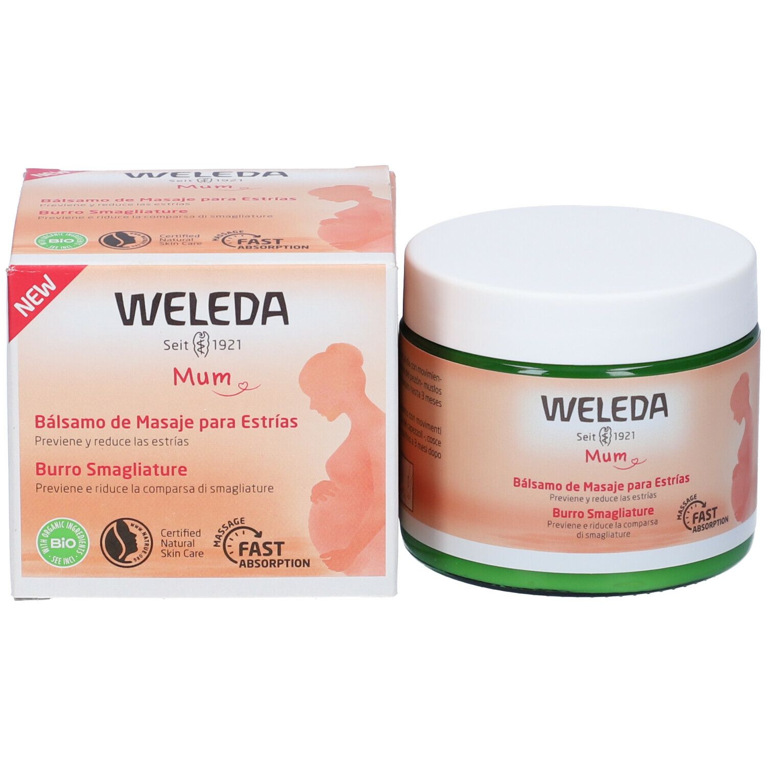Confezione del prodotto con vaso e scatola. Scritta: WELEDA Mum. Nome prodotto: Burro Smagliature. Certificazioni: Bio, Certified Natural Skin Care.