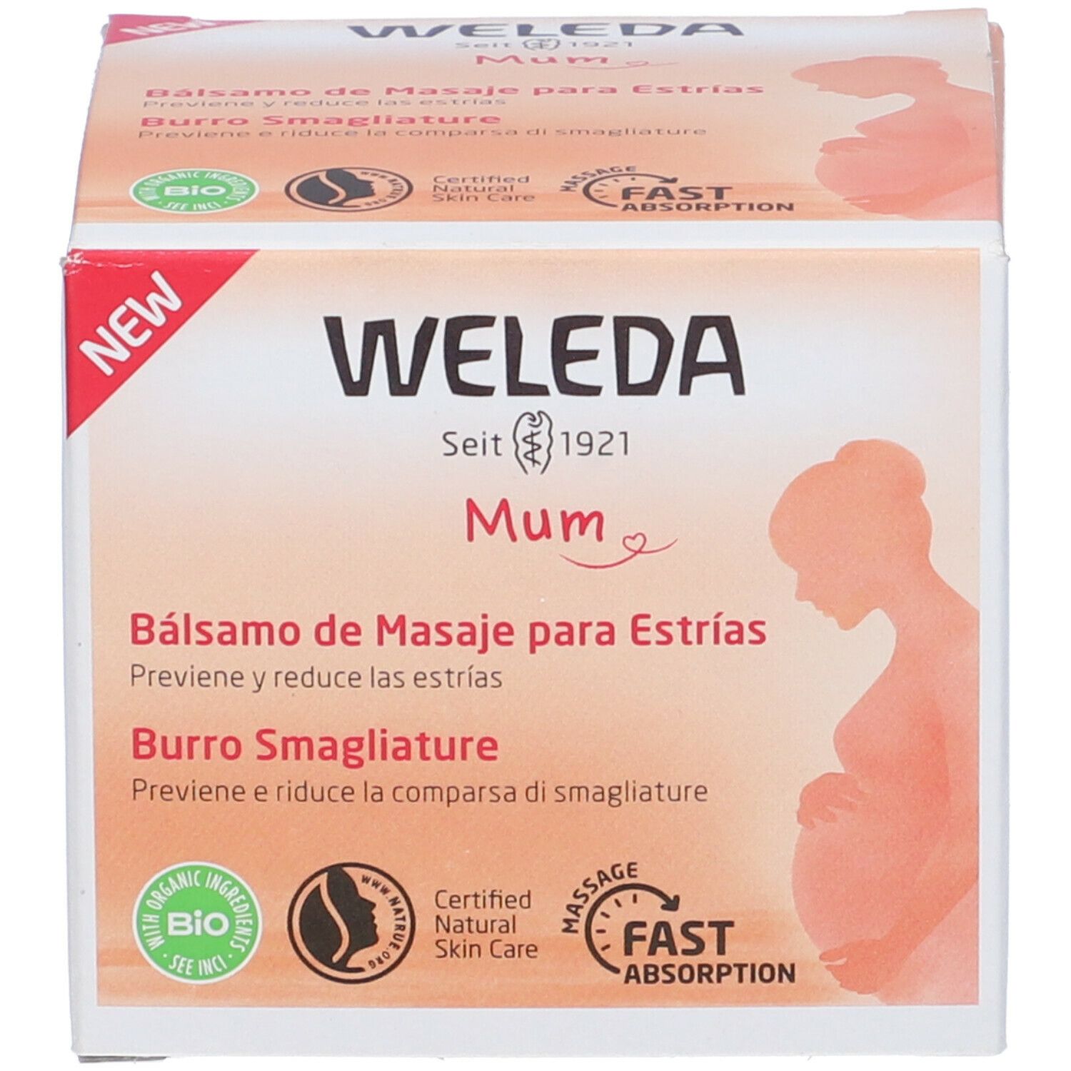 Confezione del prodotto con scatola. Scritta: WELEDA Mum. Nome prodotto: Burro Smagliature. Certificazioni: Bio, Certified Natural Skin Care.