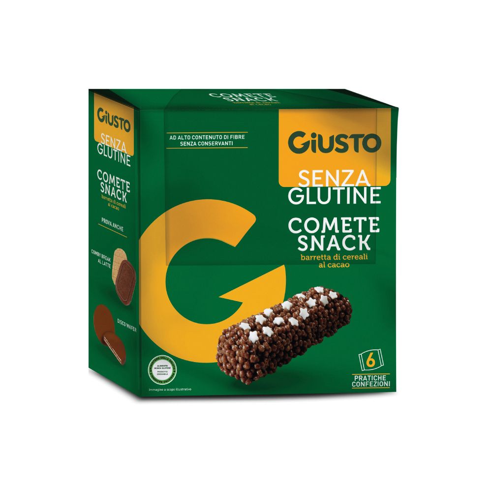 Scatola verde Giusto Senza Glutine Comete Snack. Barretta al cioccolato con stelle. 6 confezioni pratiche.
