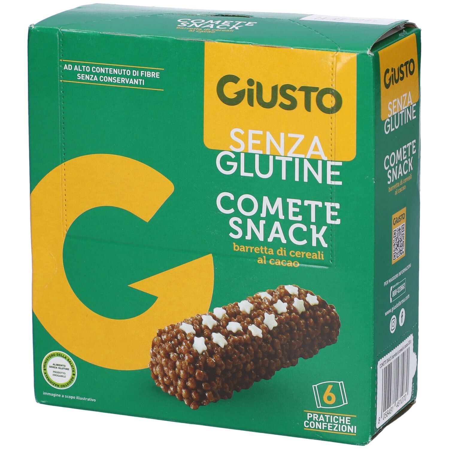 Scatola verde Giusto Senza Glutine Comete Snack. Barretta al cioccolato con stelle. 6 confezioni pratiche.