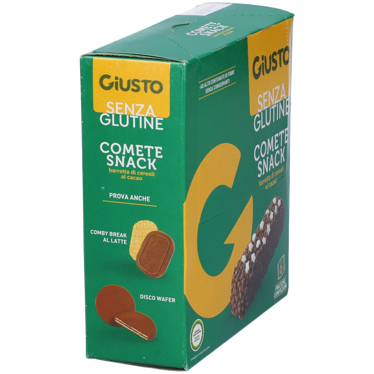 Scatola verde Giusto Senza Glutine Comete Snack. Altri snack illustrati sul lato.
