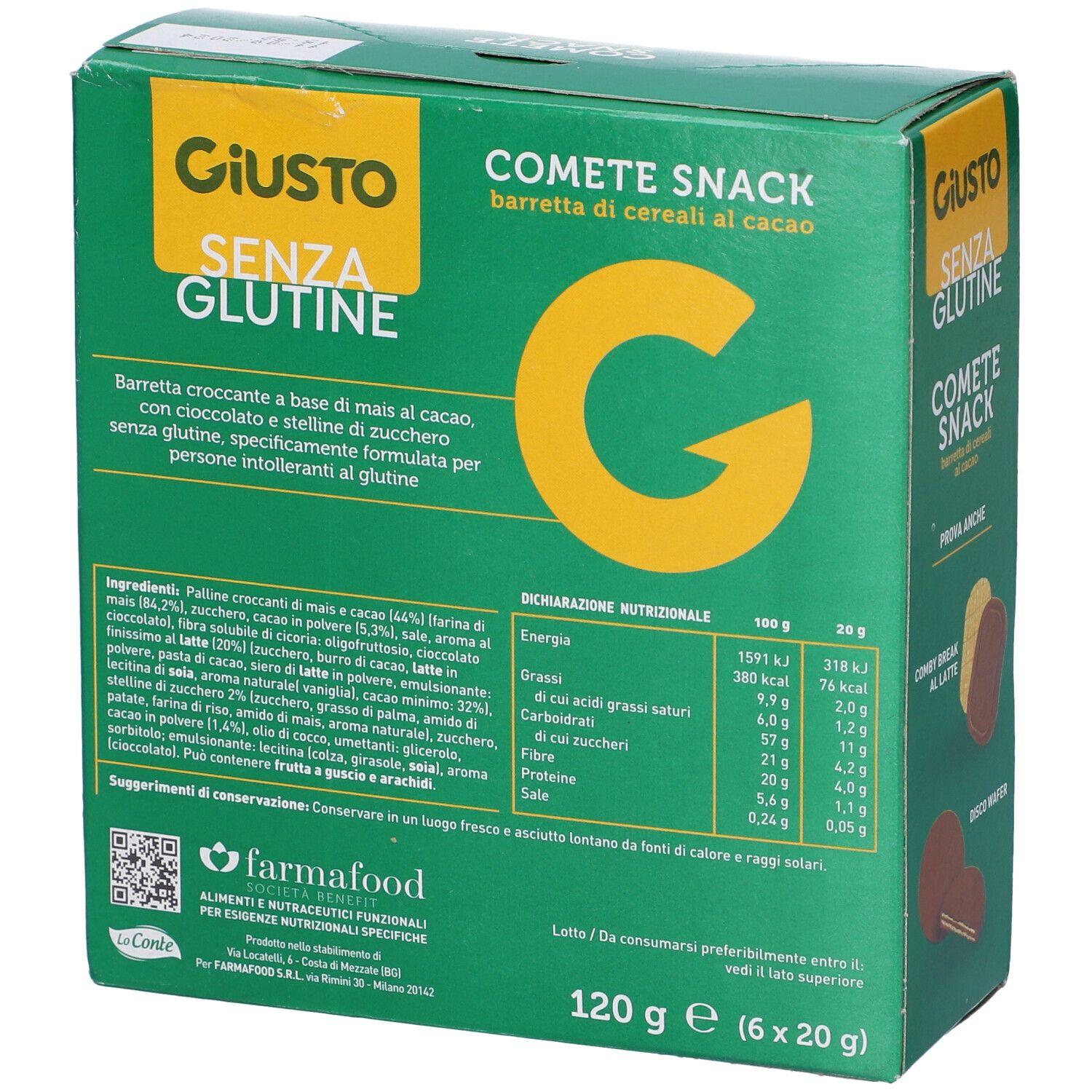 Scatola verde Giusto Senza Glutine Comete Snack. Informazioni nutrizionali e lista ingredienti. 120g (6x20g).