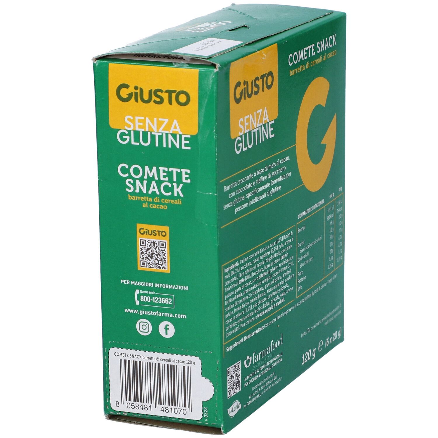 Scatola verde Giusto Senza Glutine Comete Snack. Informazioni sul retro. 120g (6x20g).