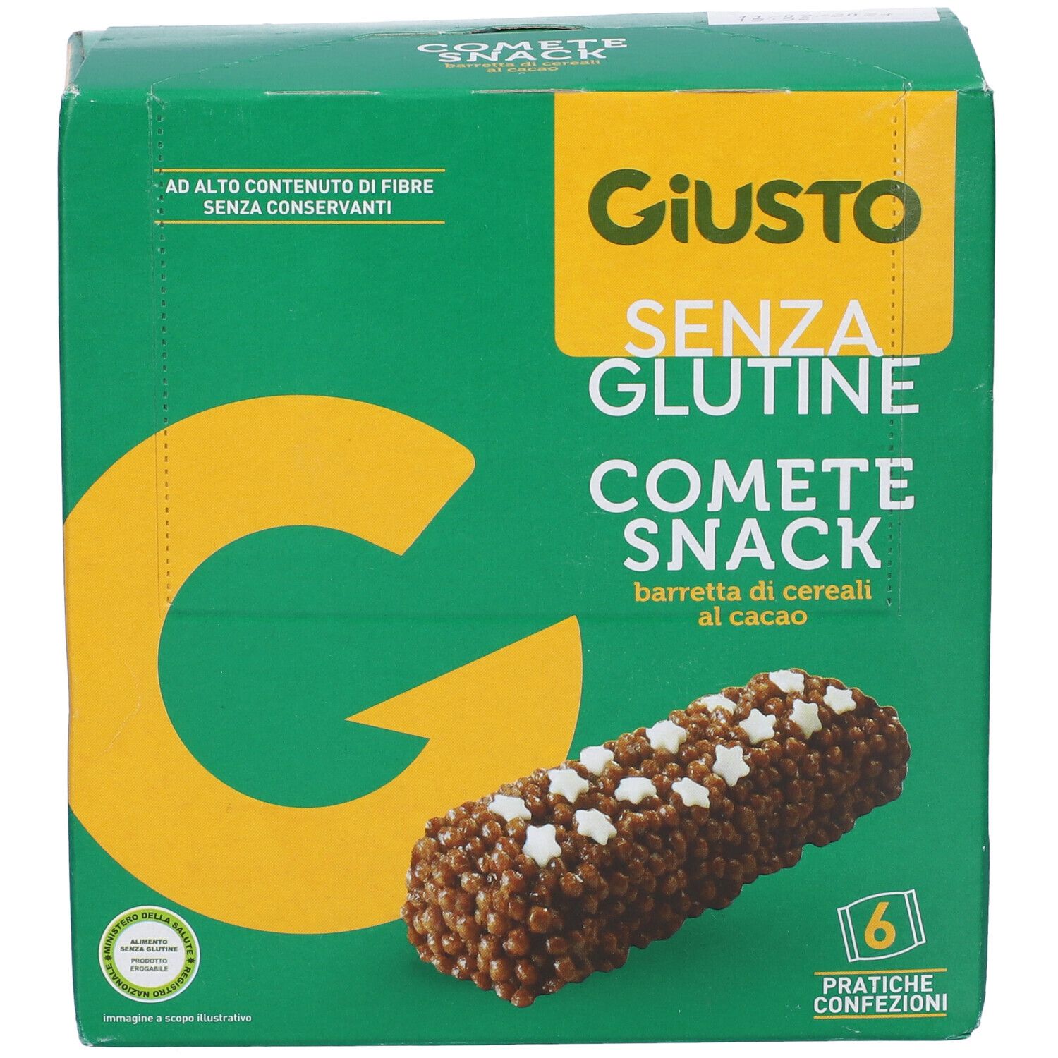 Scatola verde Giusto Senza Glutine Comete Snack. Barretta al cioccolato con stelle. 6 confezioni pratiche.