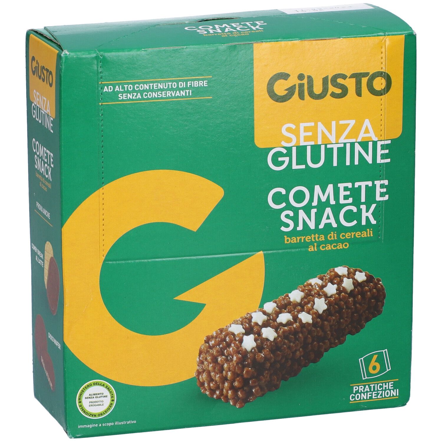 Scatola verde Giusto Senza Glutine Comete Snack. Barretta al cioccolato con stelle. 6 confezioni pratiche.