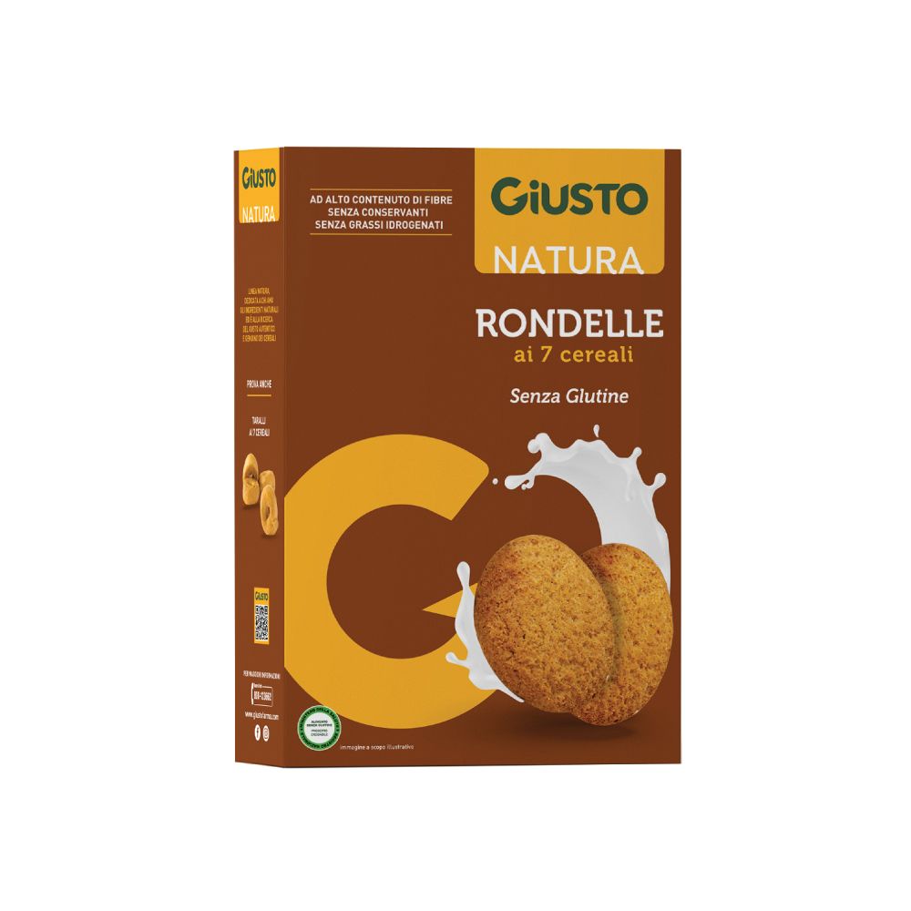 Confezione di Giusto Natura Rondelle ai 7 Cereali Senza Glutine. Scatola marrone con immagine del prodotto e testo.