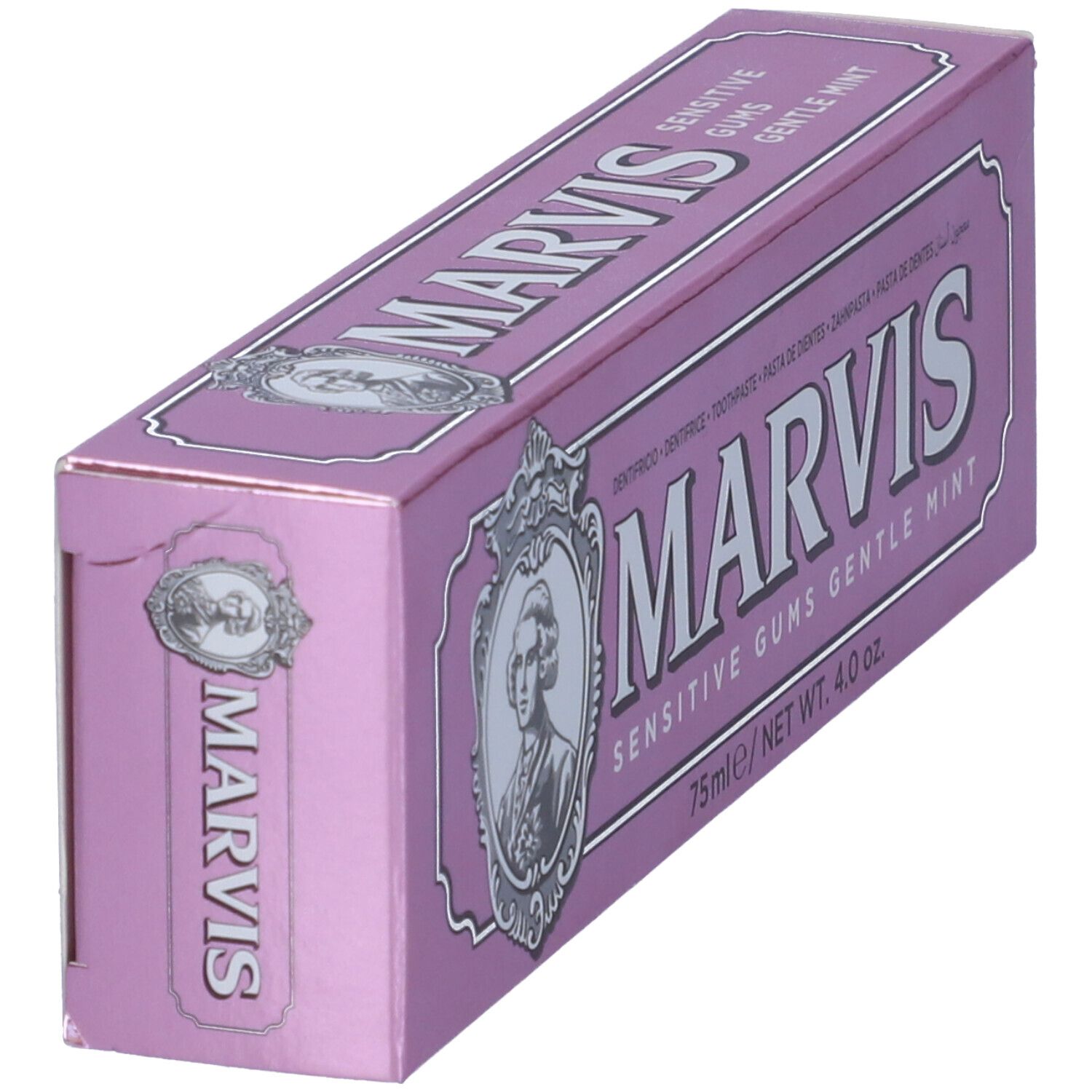 Scatola di dentifricio Marvis rosa in diagonale. Scritto: Marvis Sensitive Gums Gentle Mint. 75ml/4.0 oz.