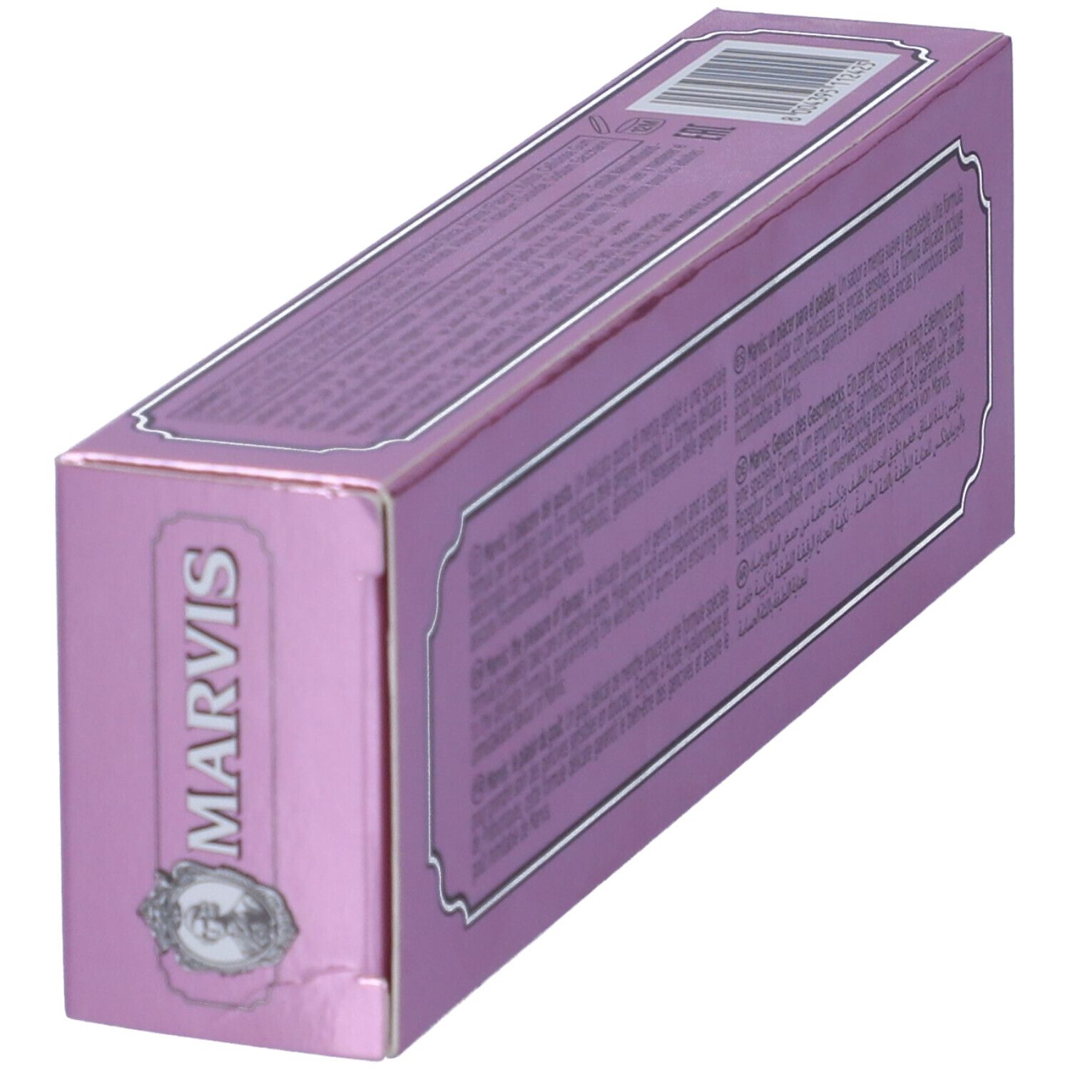 Scatola di dentifricio Marvis rosa in diagonale. Codice a barre e logo Marvis. Senza nome del prodotto.