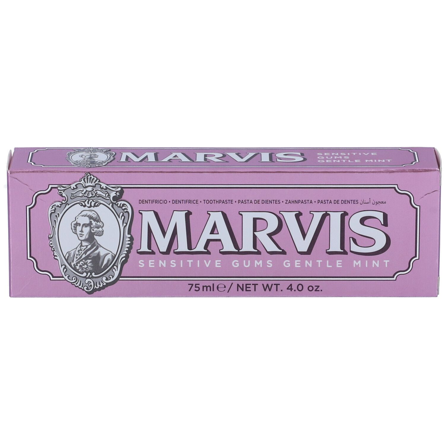 Scatola di dentifricio Marvis rosa. Scritto: Marvis Sensitive Gums Gentle Mint. 75ml/4.0 oz.