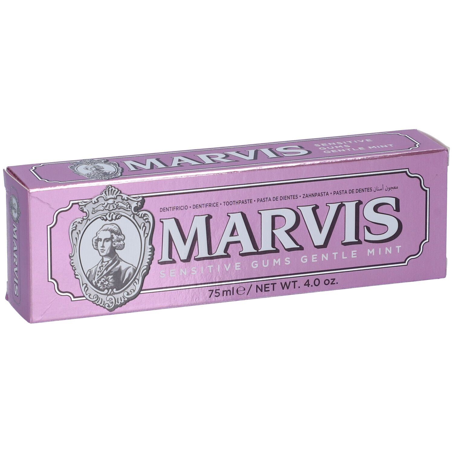 Scatola di dentifricio Marvis rosa in diagonale. Scritto: Marvis Sensitive Gums Gentle Mint. 75ml/4.0 oz.