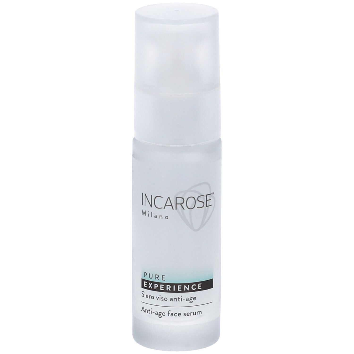 Flacone trasparente con tappo bianco. Scritta: Incarose Milano, Pure Experience, Siero viso anti-age.