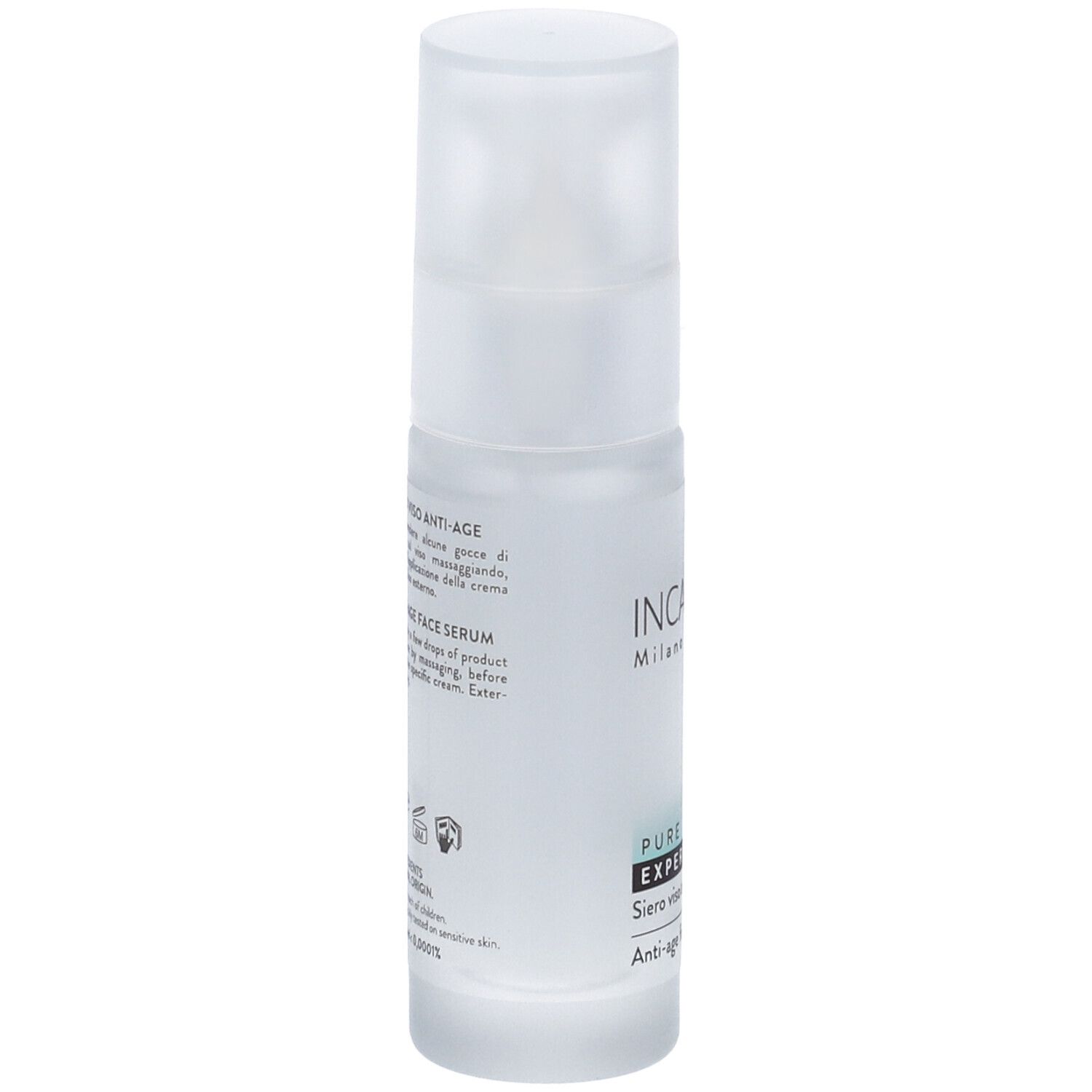 Flacone trasparente con tappo bianco. Scritta: Incarose Milano, Pure Experience, Siero viso anti-age.