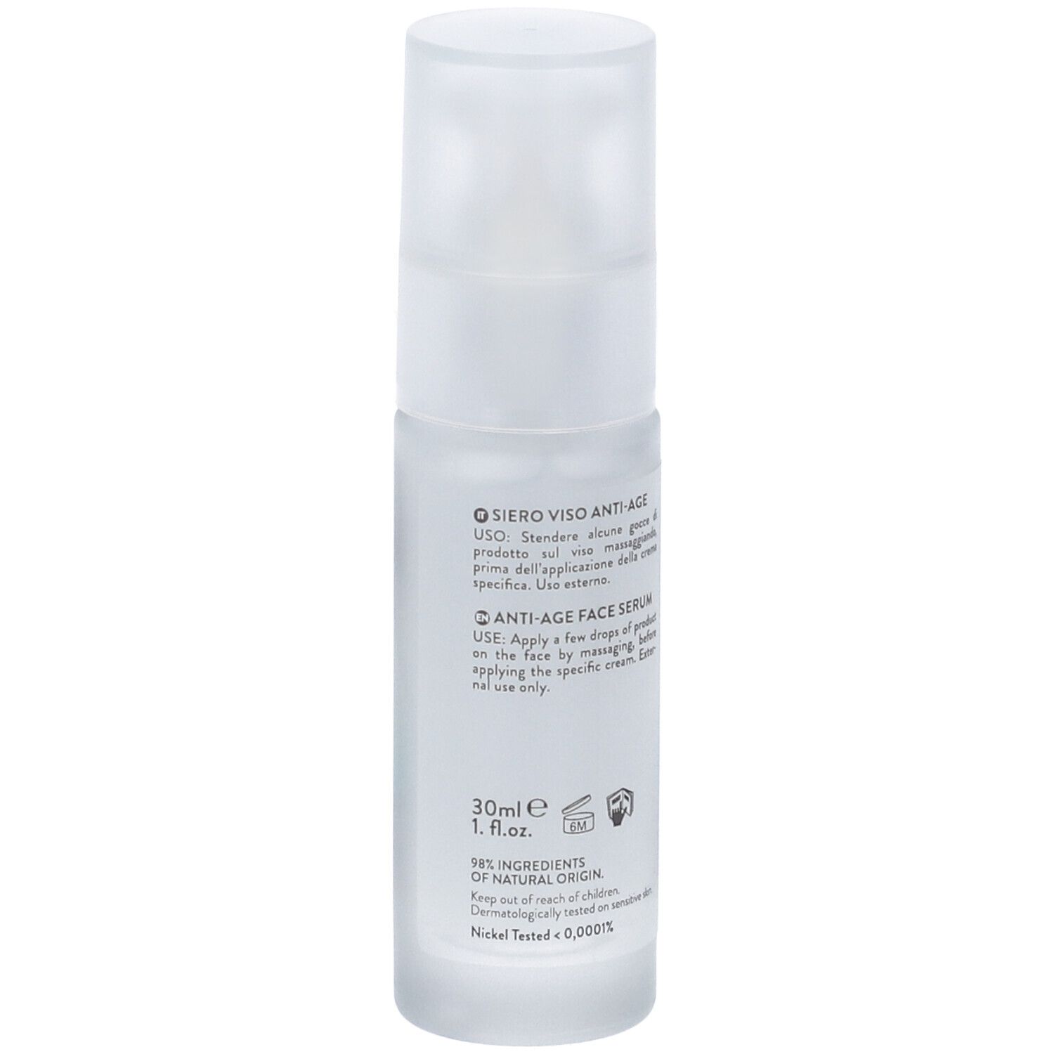 Flacone trasparente con tappo bianco. Scritta: Incarose Milano, Pure Experience, Siero viso anti-age.