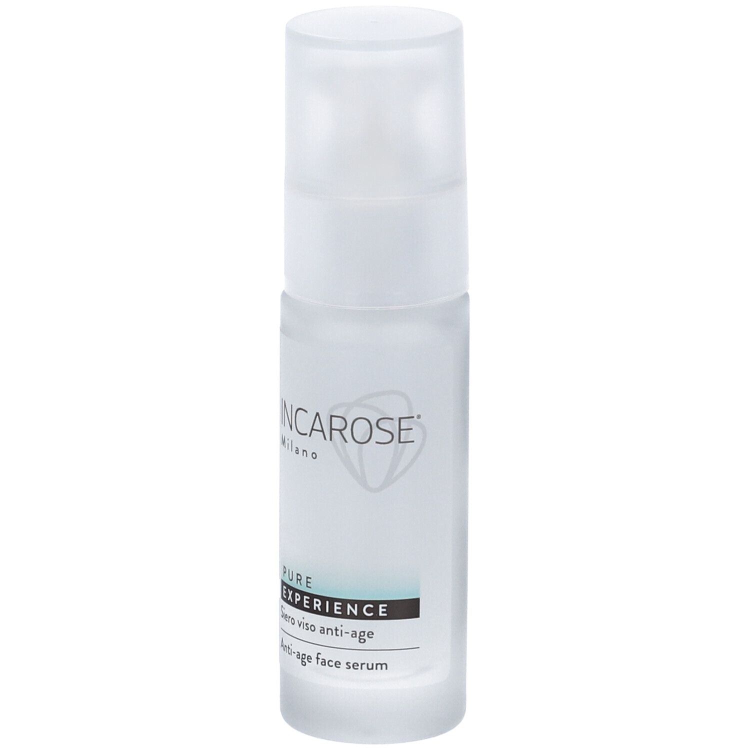 Flacone trasparente con tappo bianco. Scritta: Incarose Milano, Pure Experience, Siero viso anti-age.