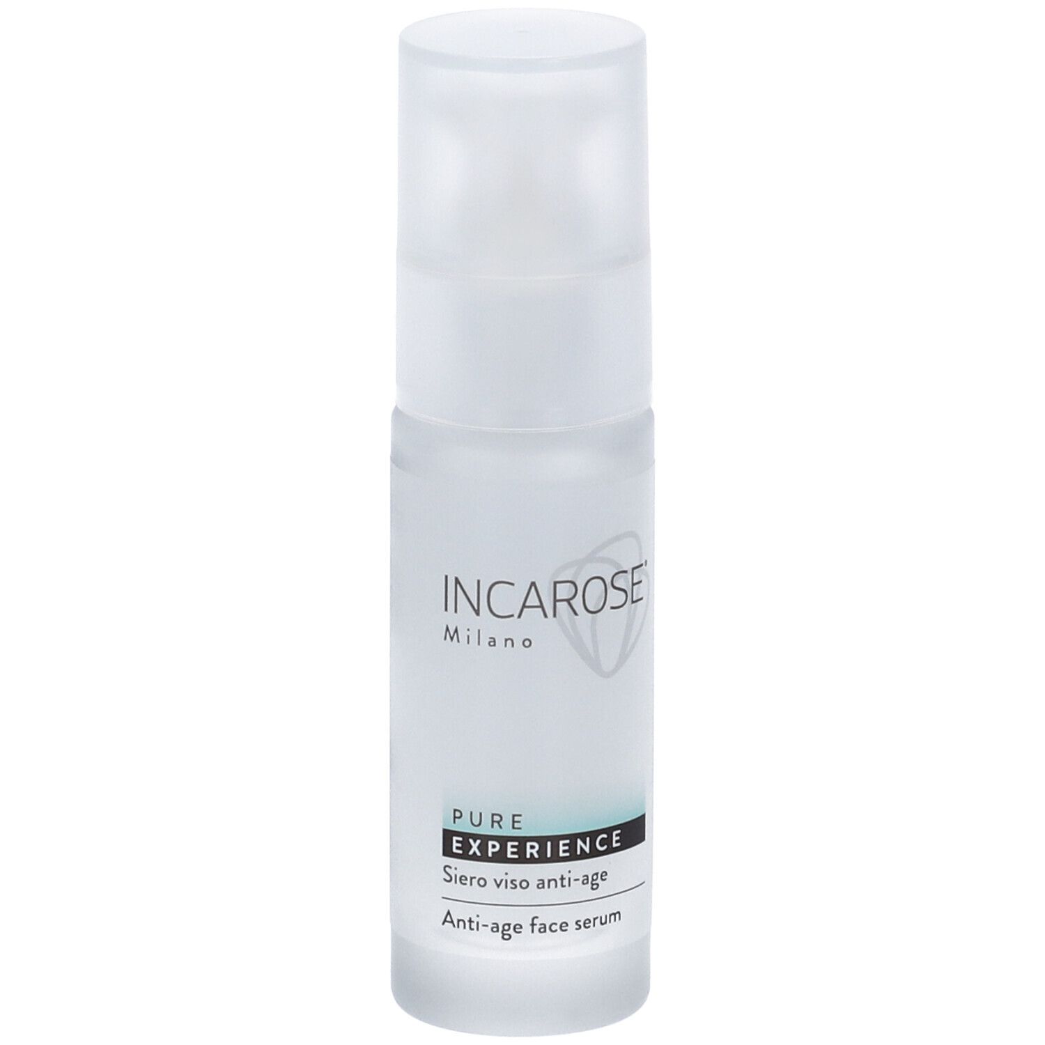 Flacone trasparente con tappo bianco. Scritta: Incarose Milano, Pure Experience, Siero viso anti-age.