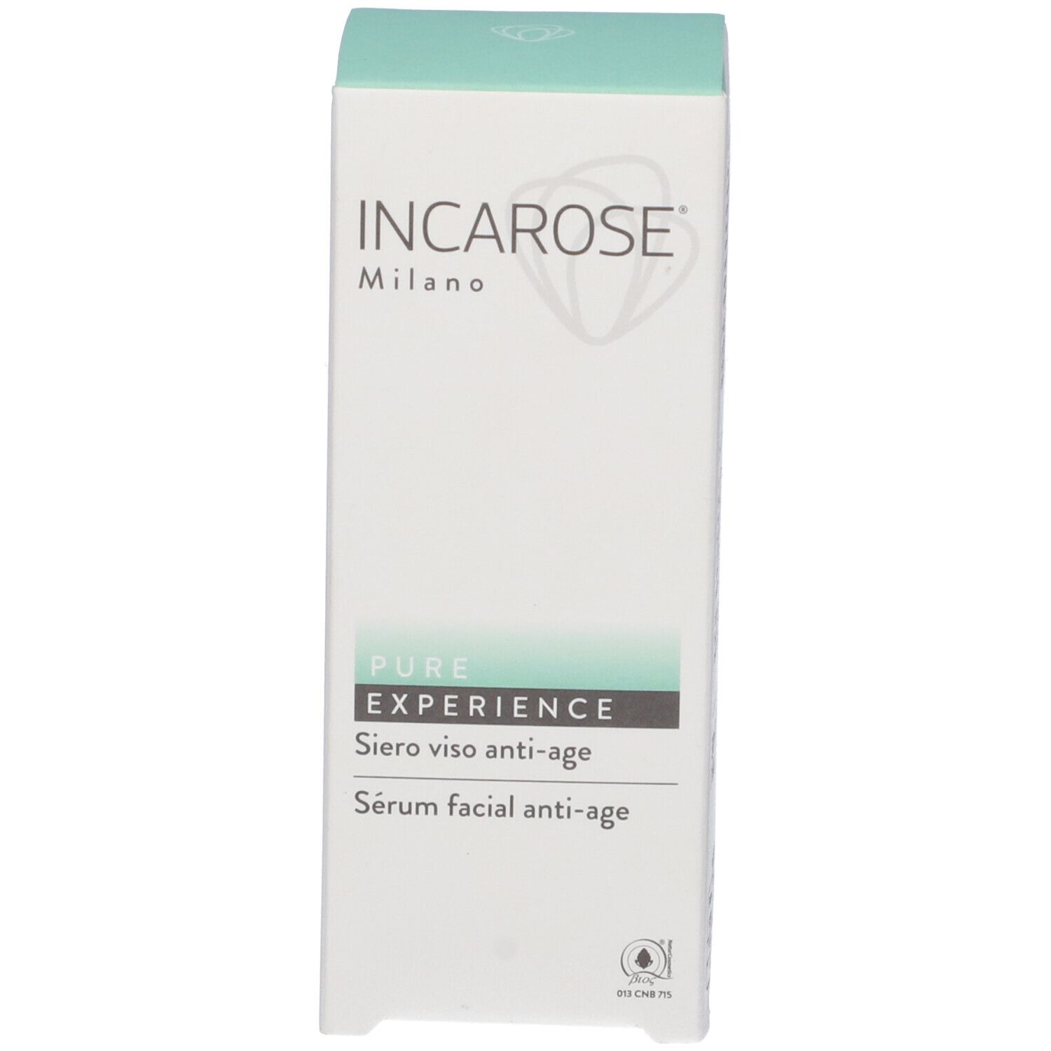 Confezione del prodotto. Scritta: Incarose Milano, Pure Experience, Siero viso anti-age.