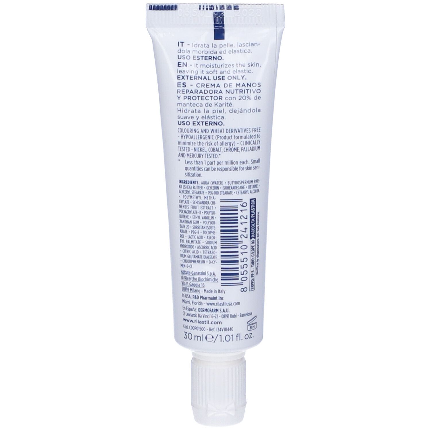Retro del tubo di crema mani Rilastil Xerolact. Testo multilingue: uso, ingredienti. 30 ml/1.01 fl.oz.