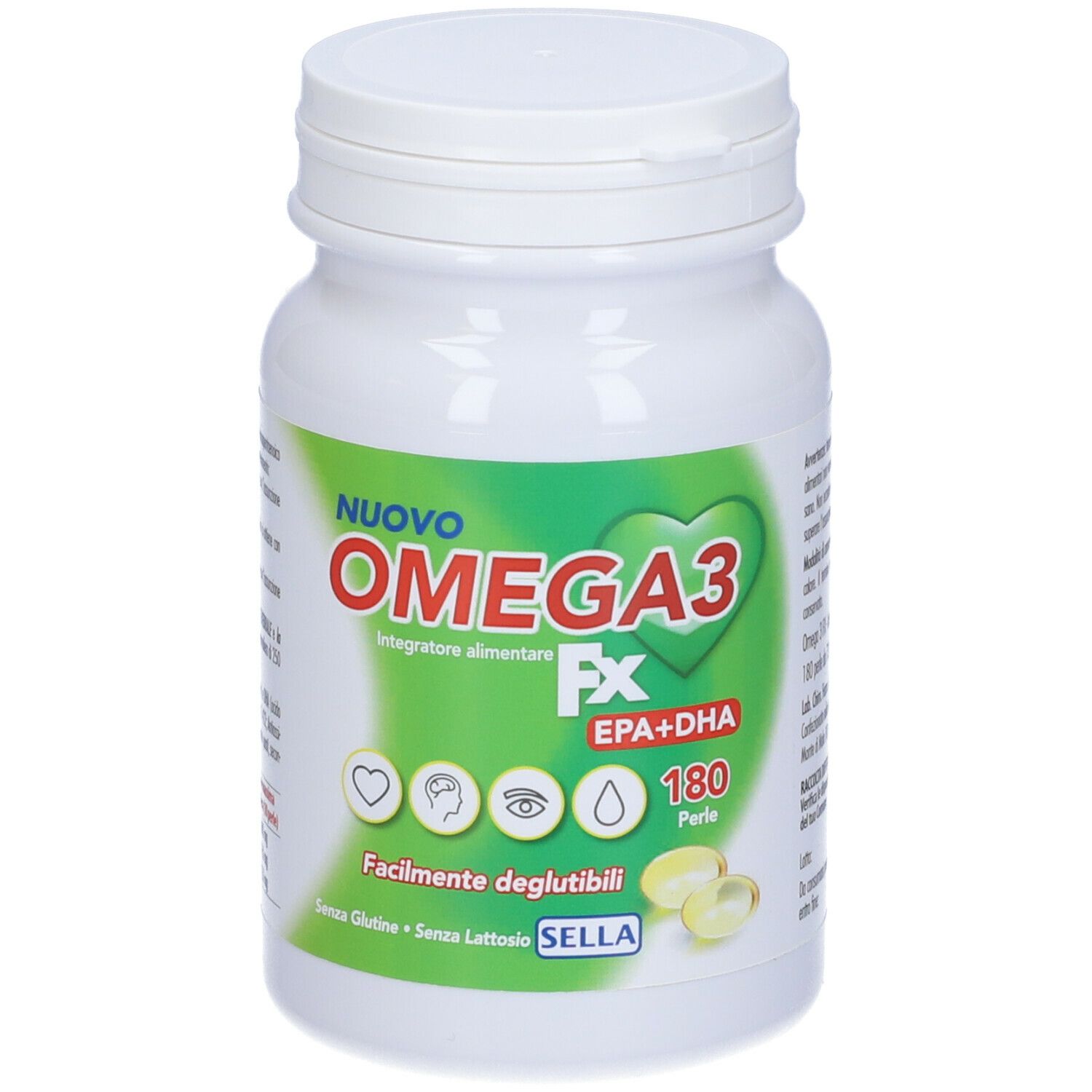 Flacone bianco con capsule Omega3 FX. Scritta: Nuovo Omega3 FX EPA+DHA, 180 perle. Logo: cuore.