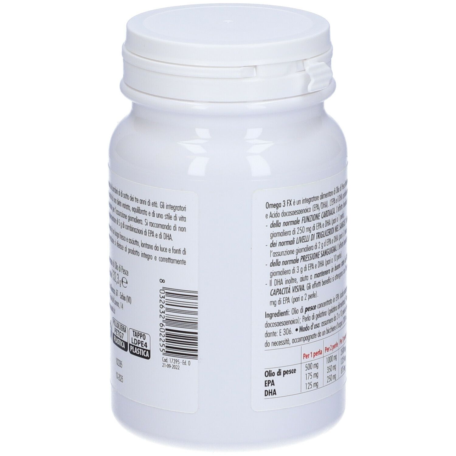 Retro del flacone bianco Omega3 FX. Testo: ingredienti, informazioni nutrizionali, numero di lotto e codice a barre.