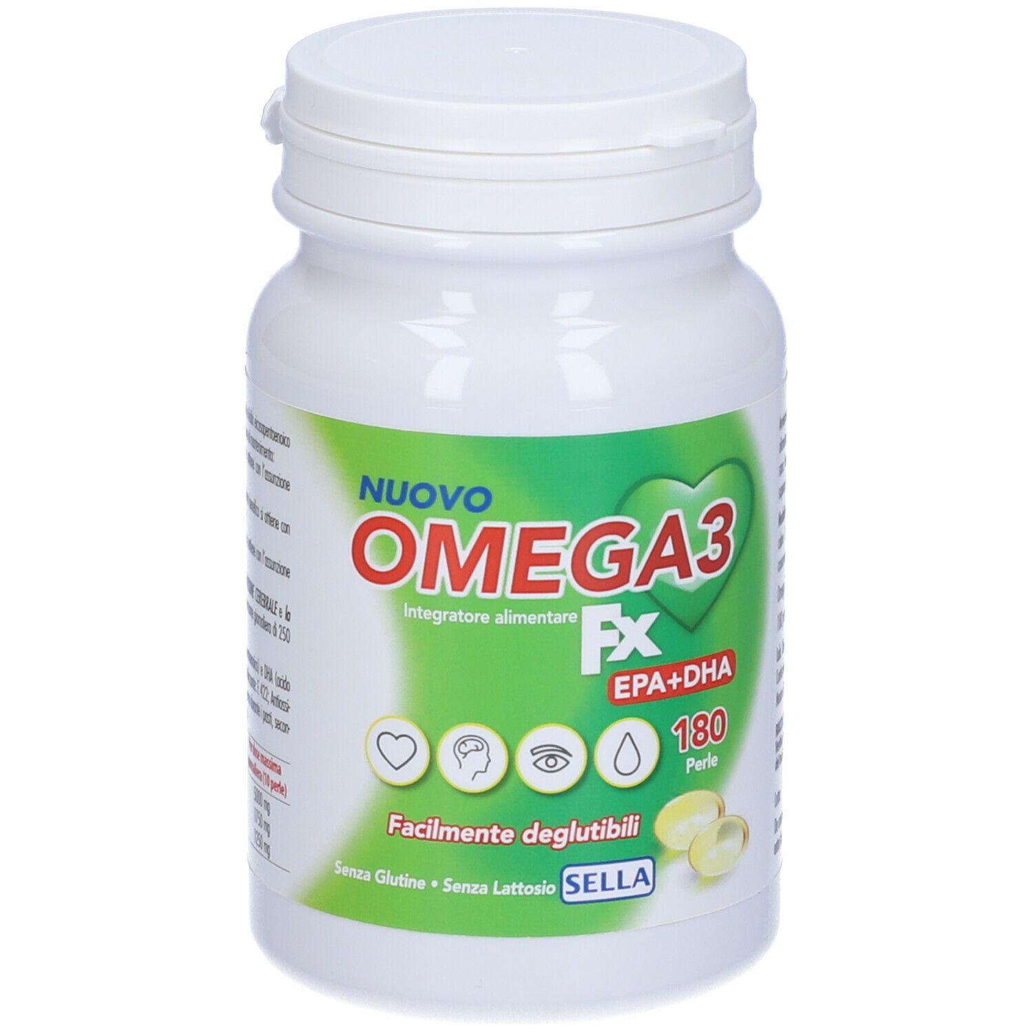 Flacone bianco con capsule Omega3 FX. Scritta: Nuovo Omega3 FX EPA+DHA, 180 perle. Logo: cuore.