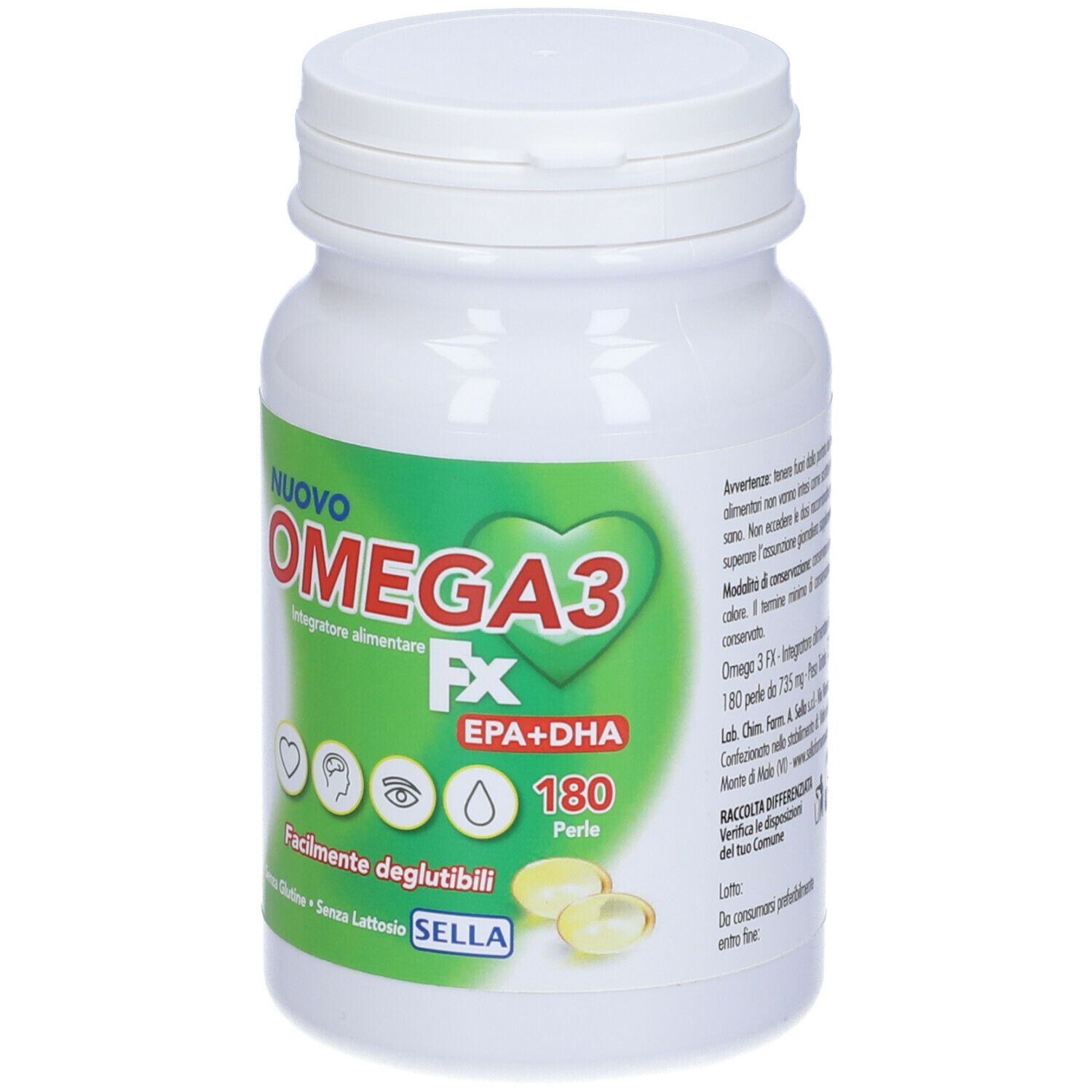 Flacone bianco con capsule Omega3 FX. Scritta: Nuovo Omega3 FX EPA+DHA, 180 perle. Logo: cuore. Vista dettagliata.