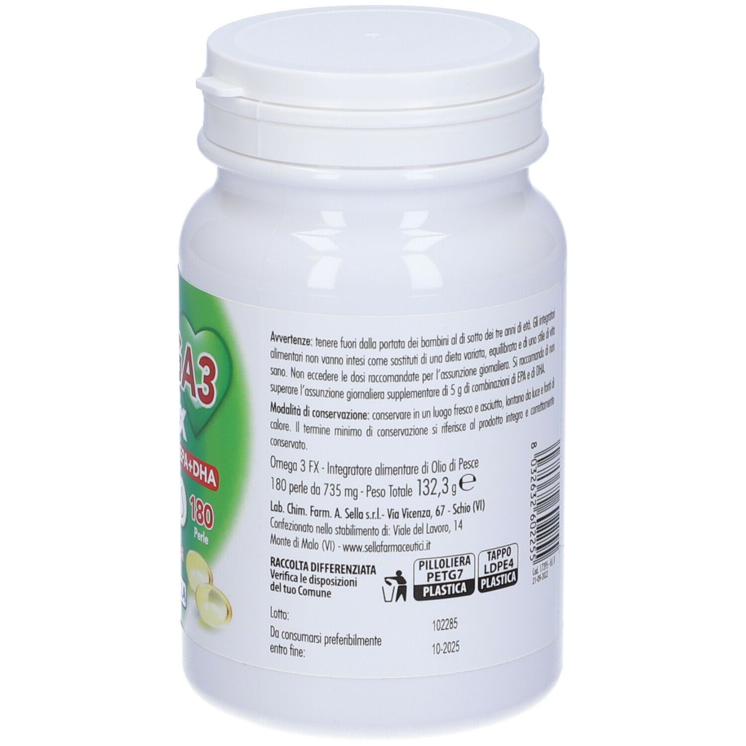 Retro del flacone bianco Omega3 FX. Testo: avvertenze, ingredienti, numero di lotto, simboli di riciclaggio.